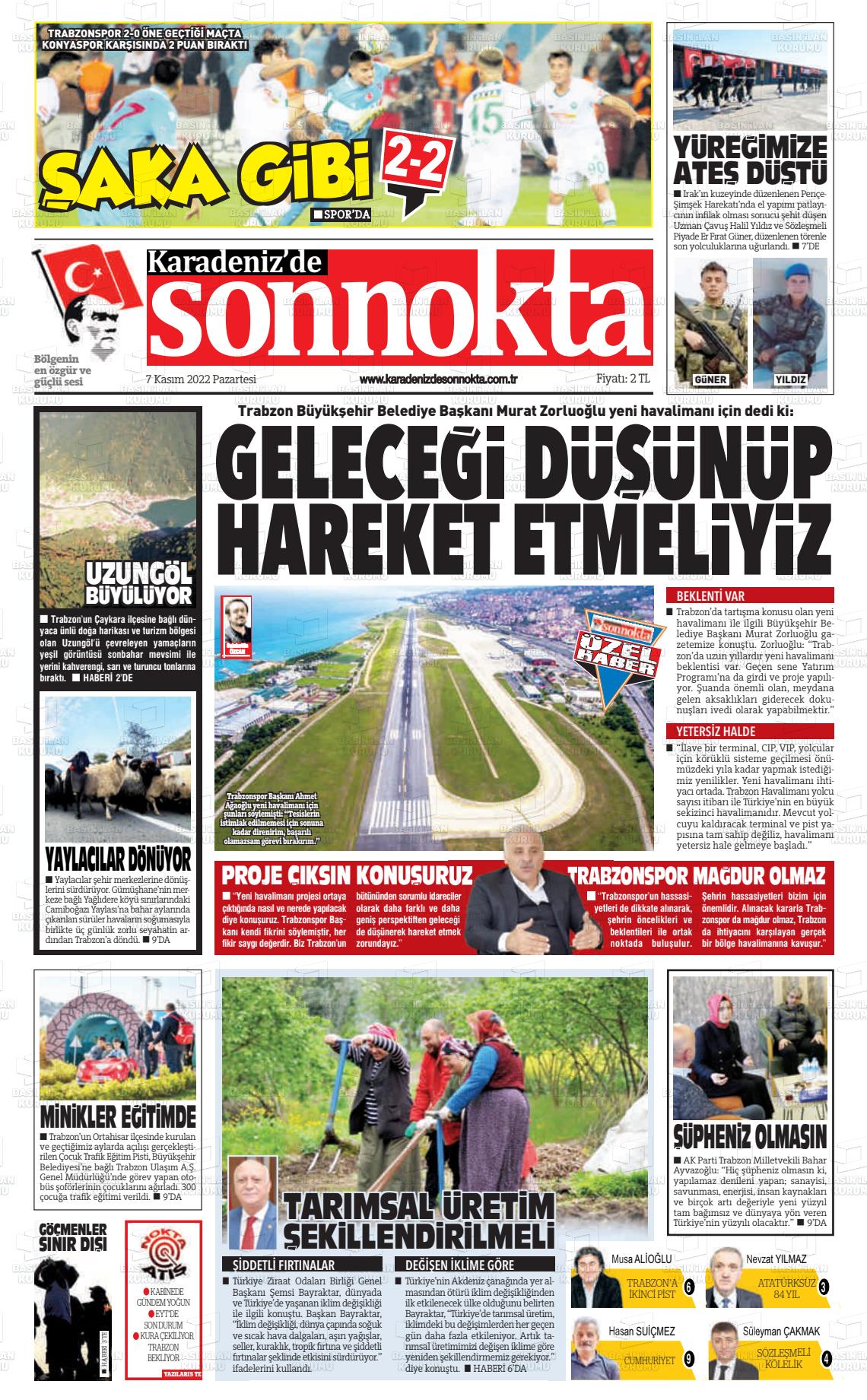 07 Kasım 2022 Karadeniz'de Sonnokta Gazete Manşeti