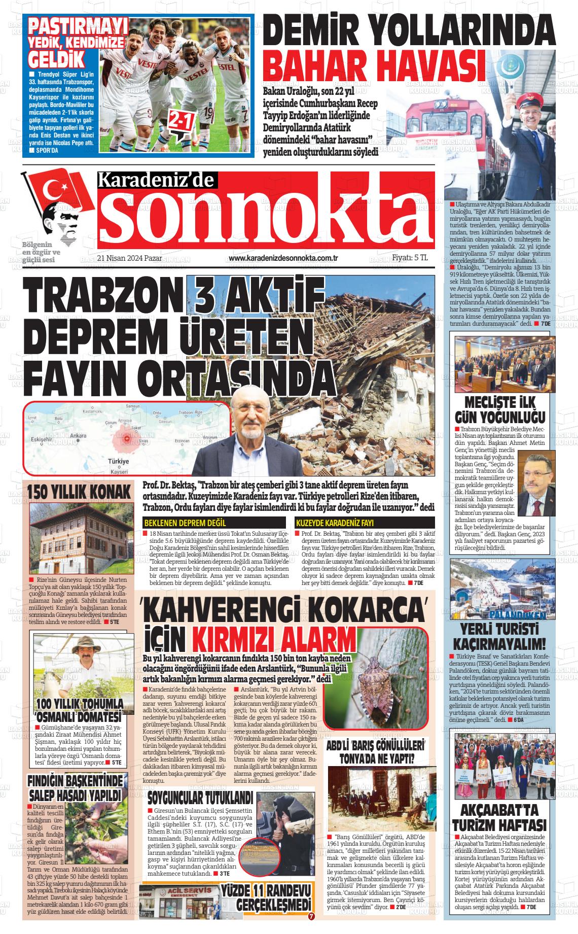 22 Nisan 2024 Karadeniz'de Sonnokta Gazete Manşeti