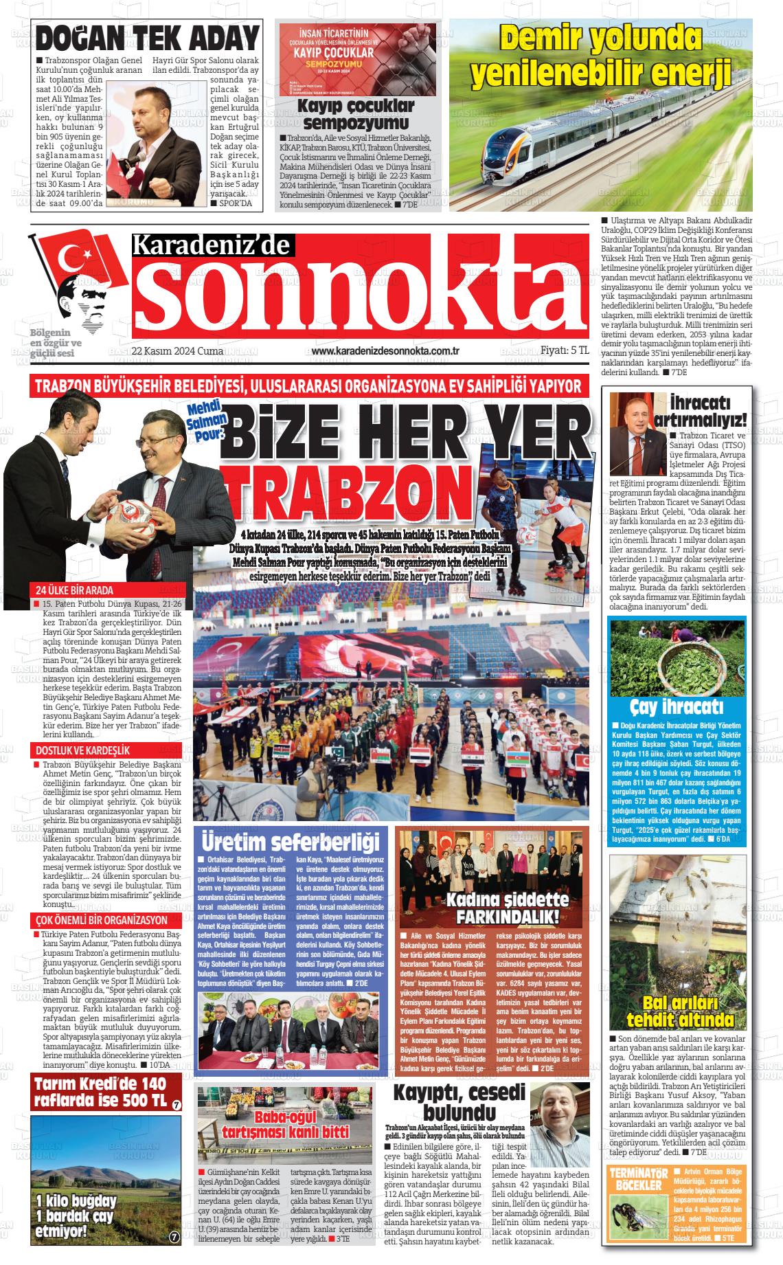 22 Kasım 2024 Karadeniz'de Sonnokta Gazete Manşeti