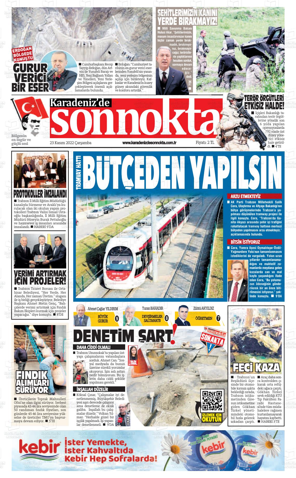 23 Kasım 2022 Karadeniz'de Sonnokta Gazete Manşeti