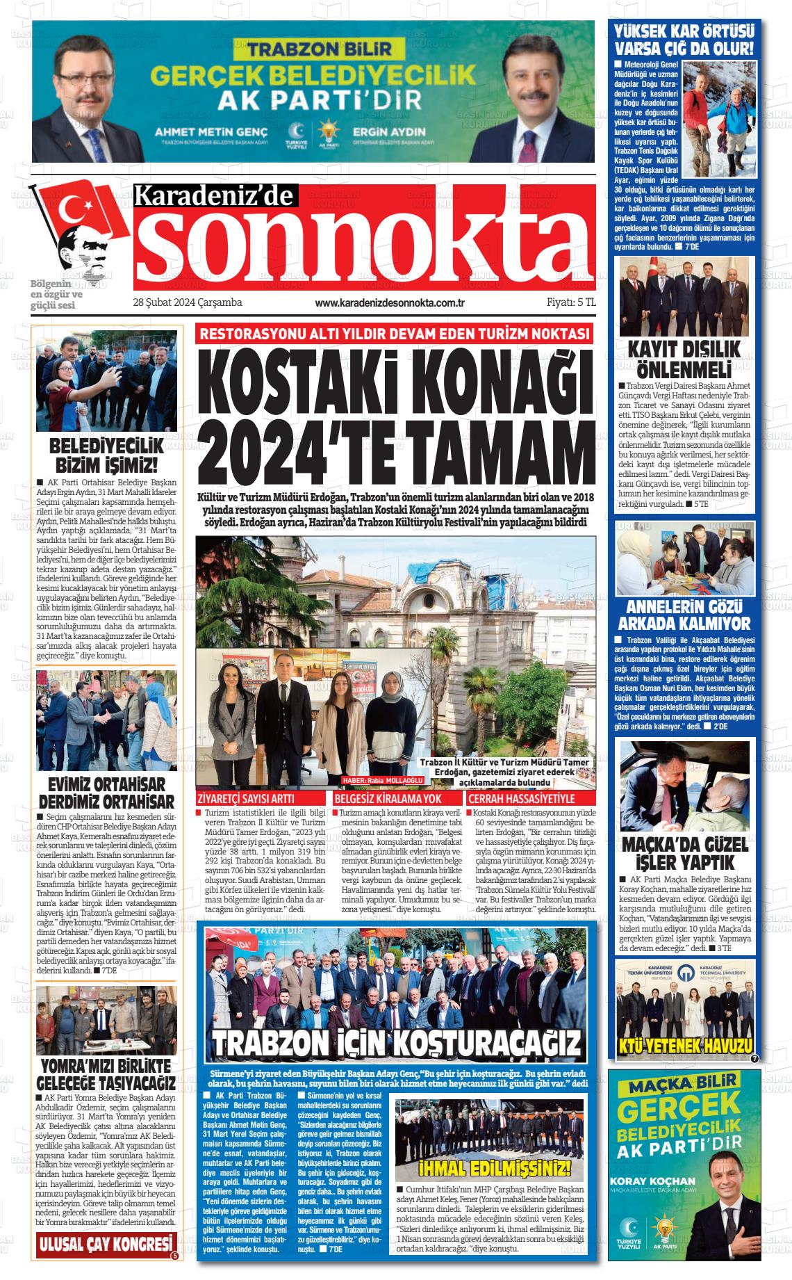 28 Şubat 2024 Karadeniz'de Sonnokta Gazete Manşeti