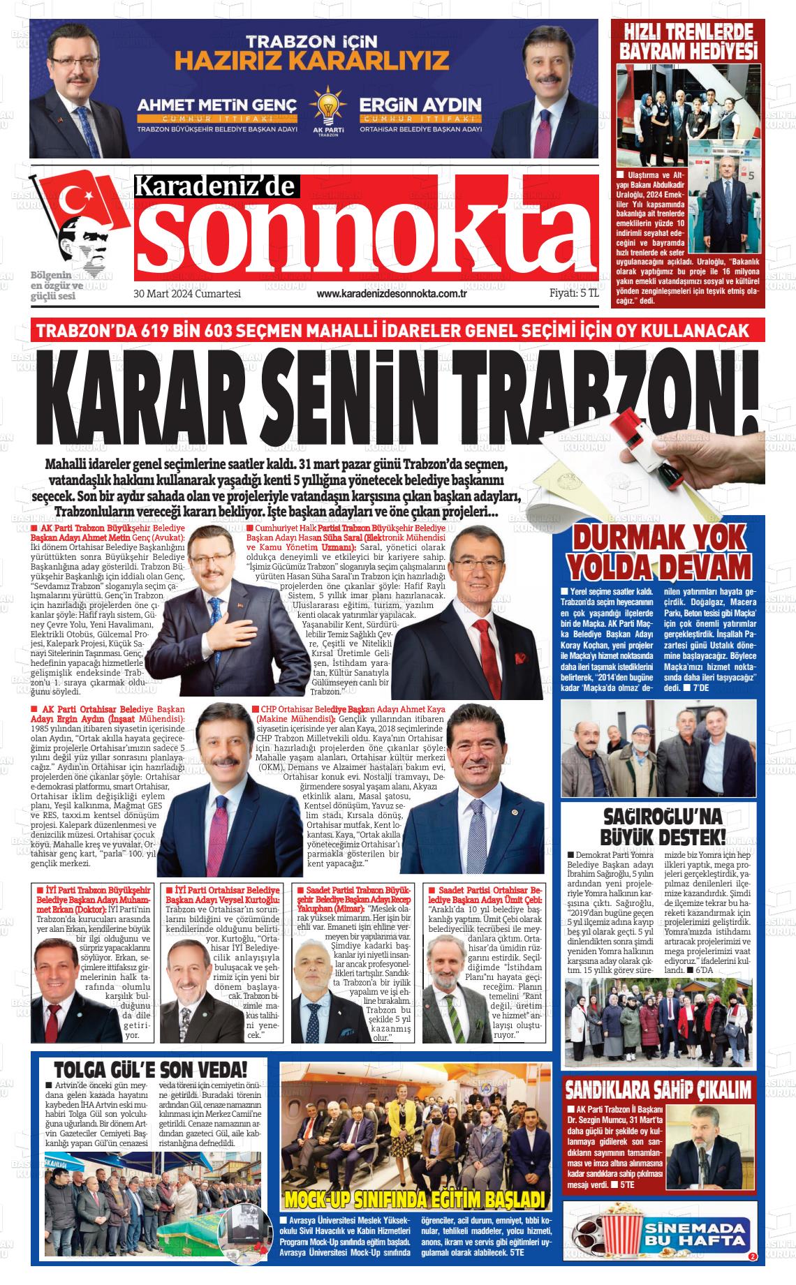 30 Mart 2024 Karadeniz'de Sonnokta Gazete Manşeti