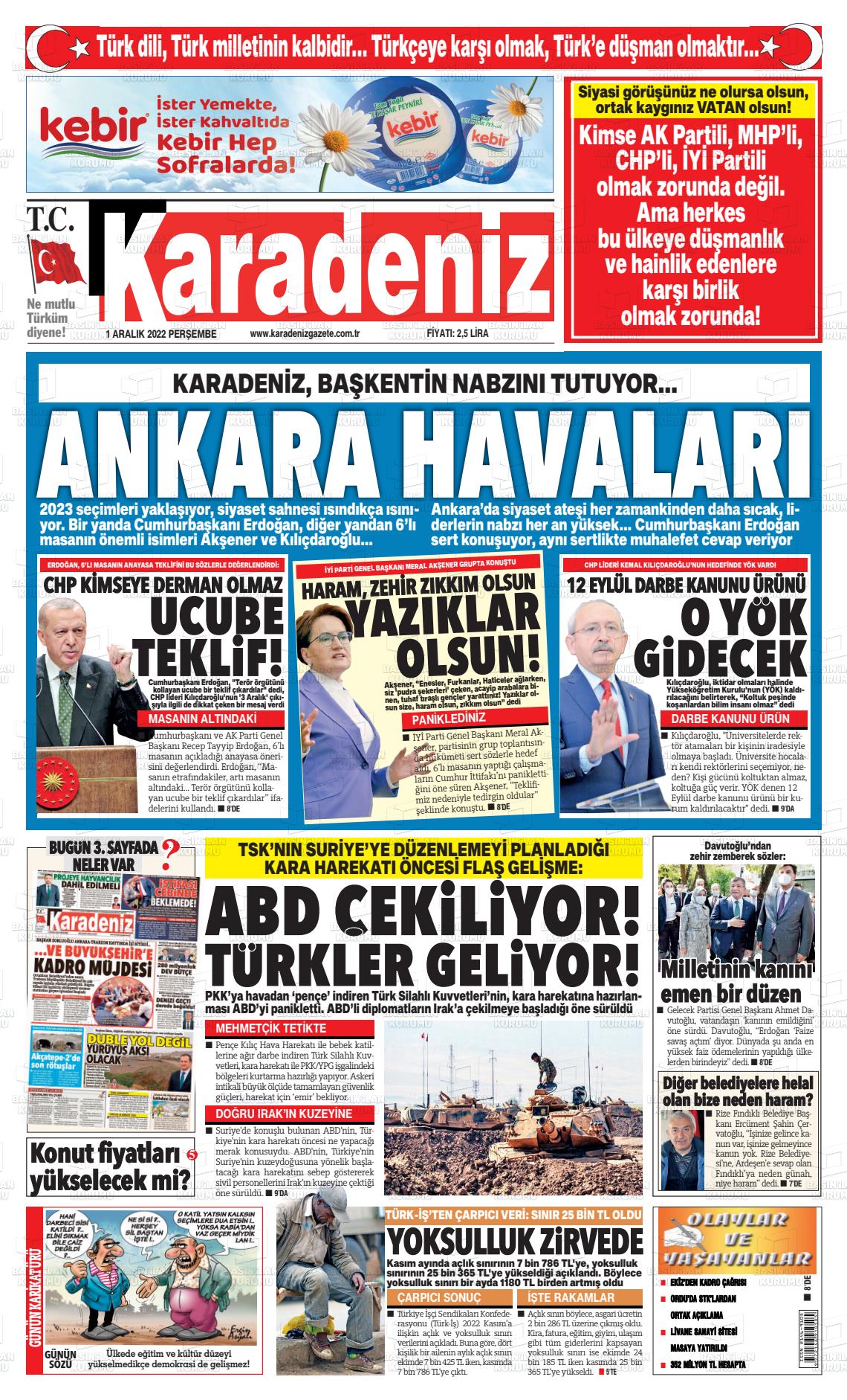 01 Aralık 2022 Karadeniz Gazete Manşeti