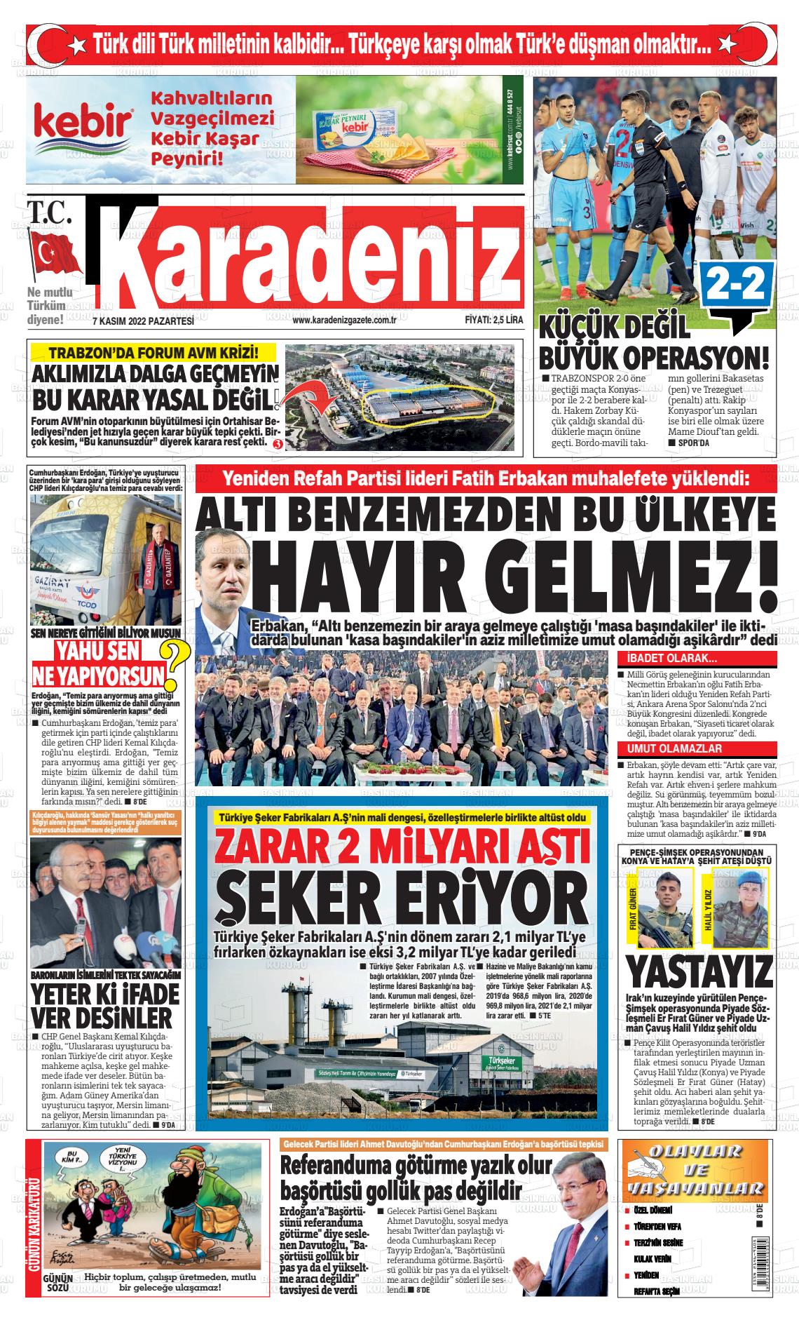 07 Kasım 2022 Karadeniz Gazete Manşeti