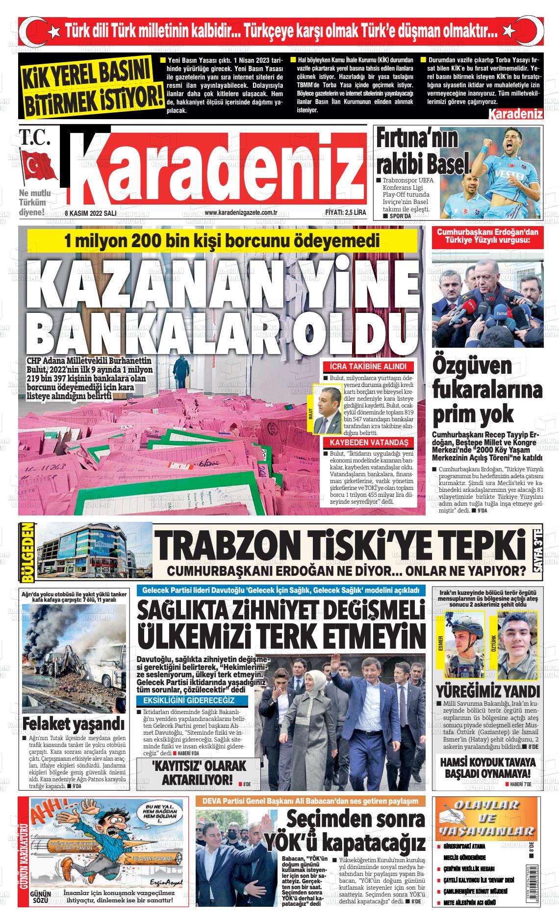 09 Kasım 2022 Karadeniz Gazete Manşeti