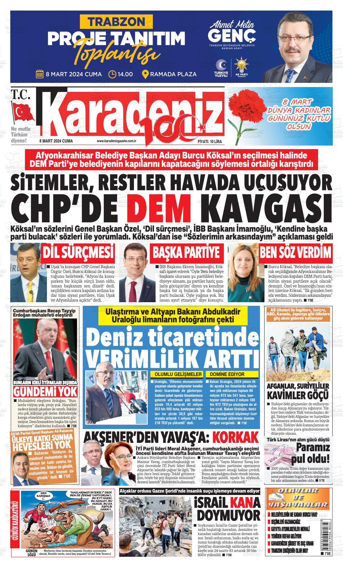 08 Mart 2024 Karadeniz Gazete Manşeti