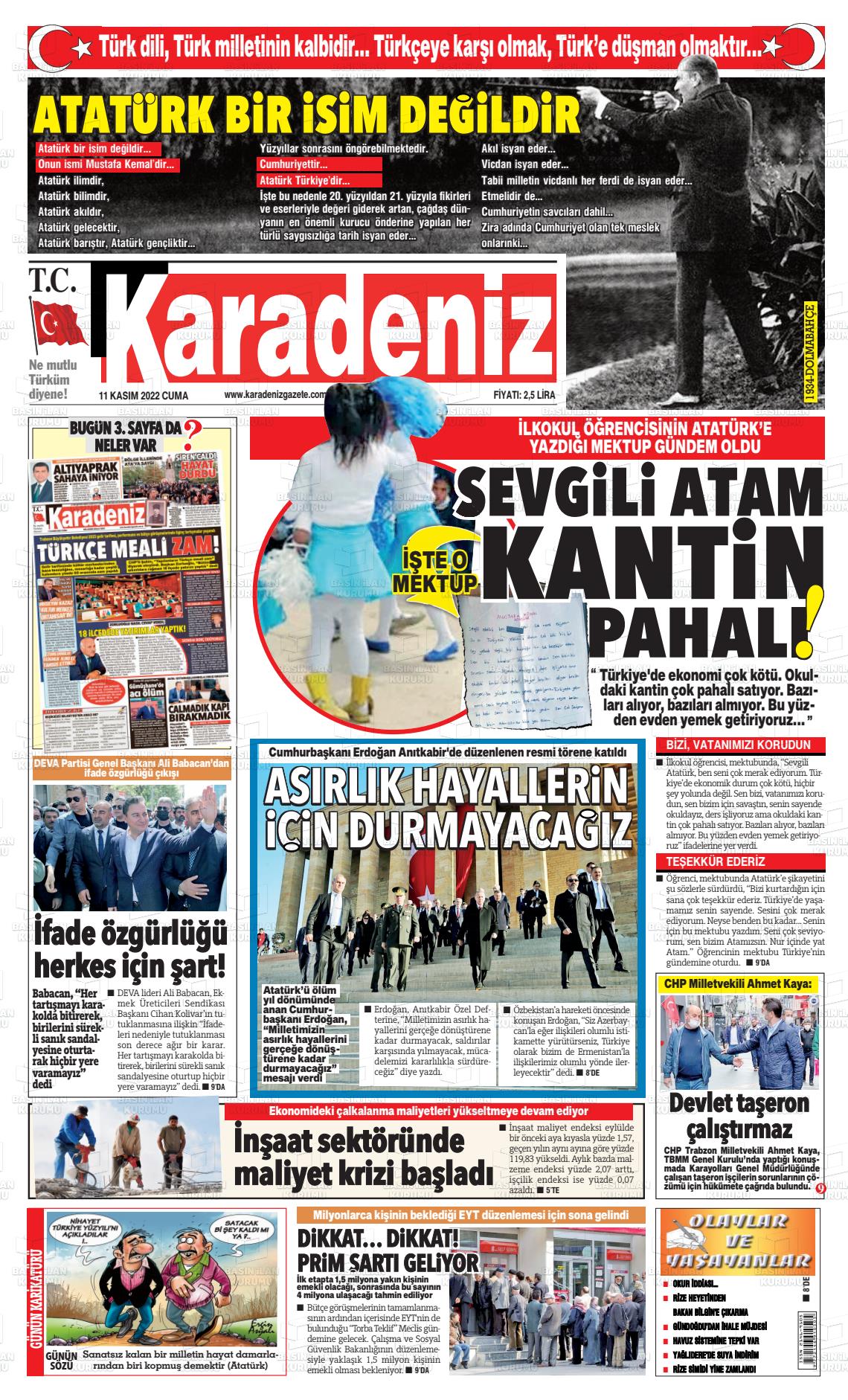 11 Kasım 2022 Karadeniz Gazete Manşeti