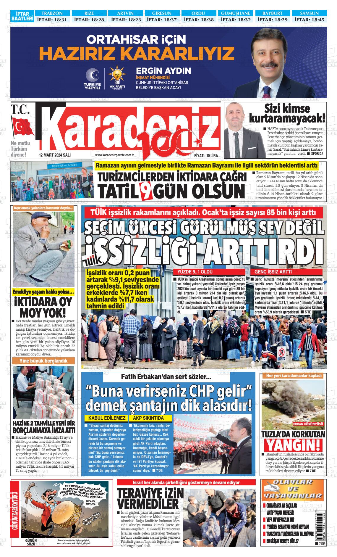 12 Mart 2024 Karadeniz Gazete Manşeti