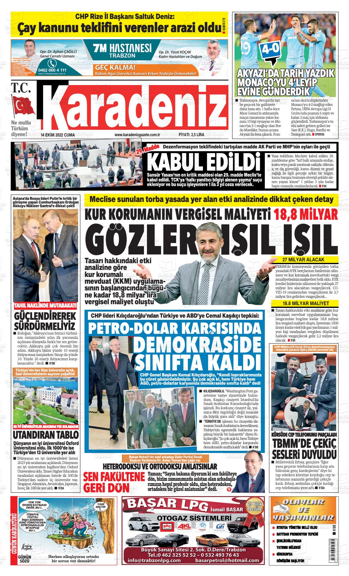 14 Ekim 2022 Karadeniz Gazete Manşeti