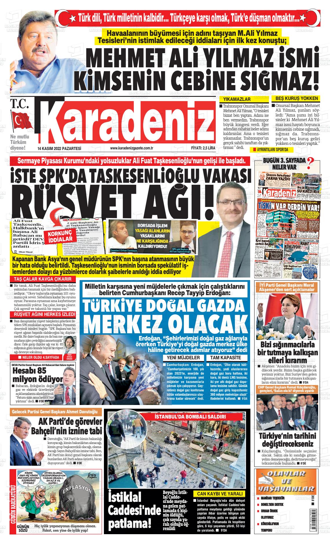 14 Kasım 2022 Karadeniz Gazete Manşeti