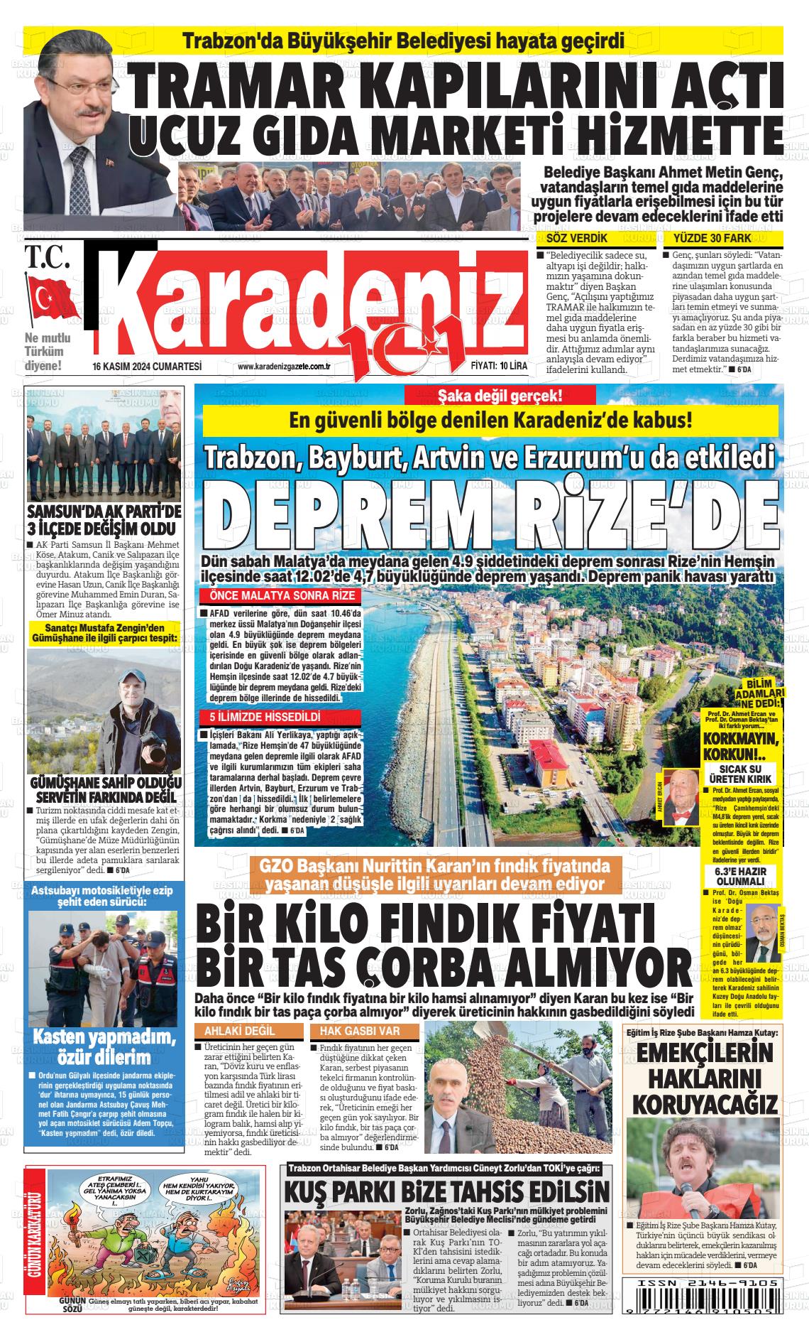 16 Kasım 2024 Karadeniz Gazete Manşeti