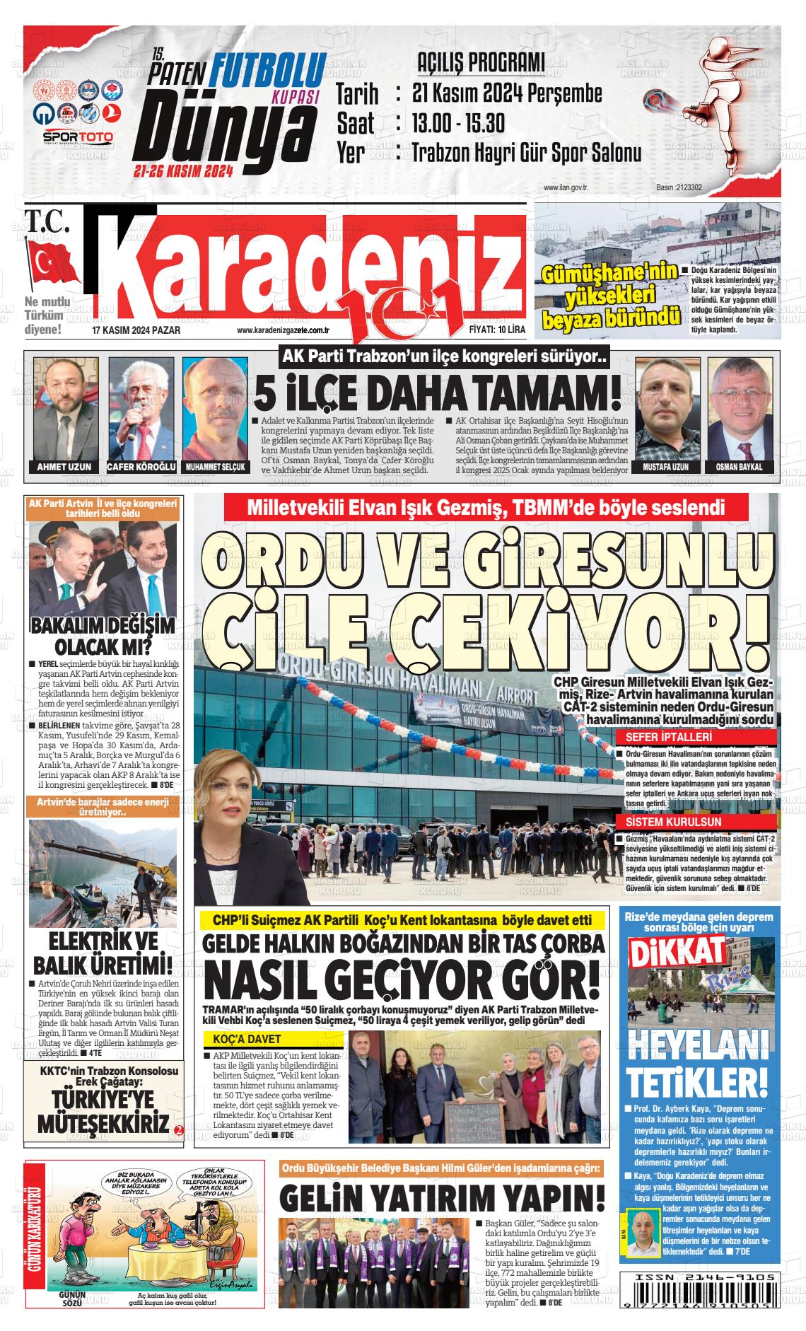 17 Kasım 2024 Karadeniz Gazete Manşeti