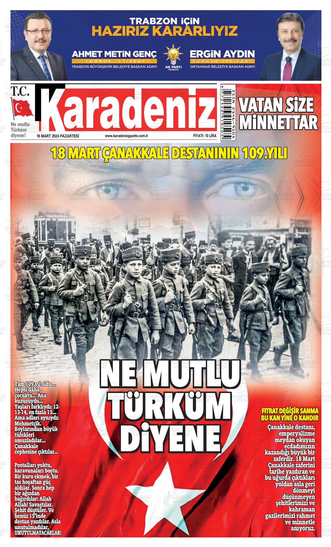 18 Mart 2024 Karadeniz Gazete Manşeti