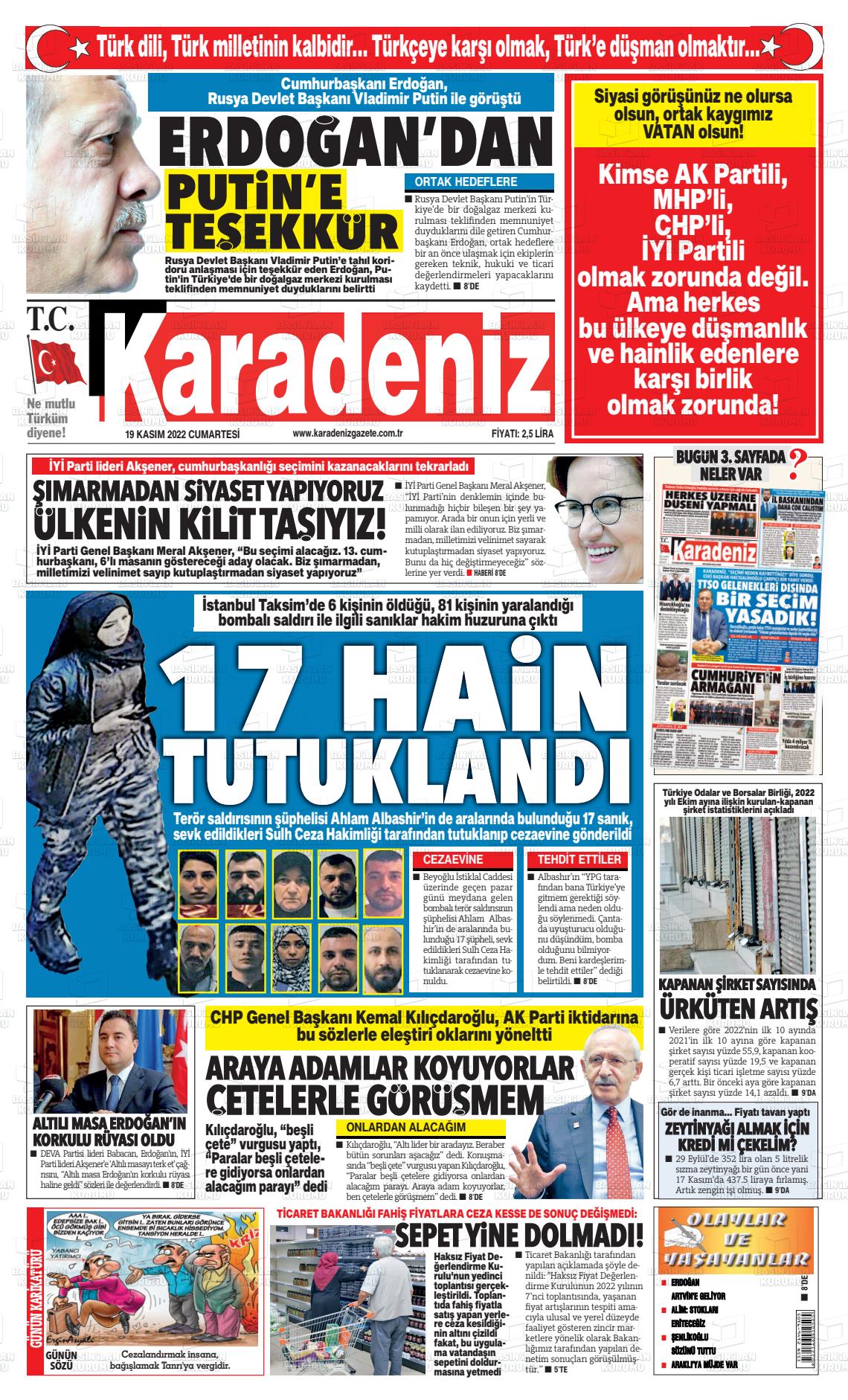 19 Kasım 2022 Karadeniz Gazete Manşeti