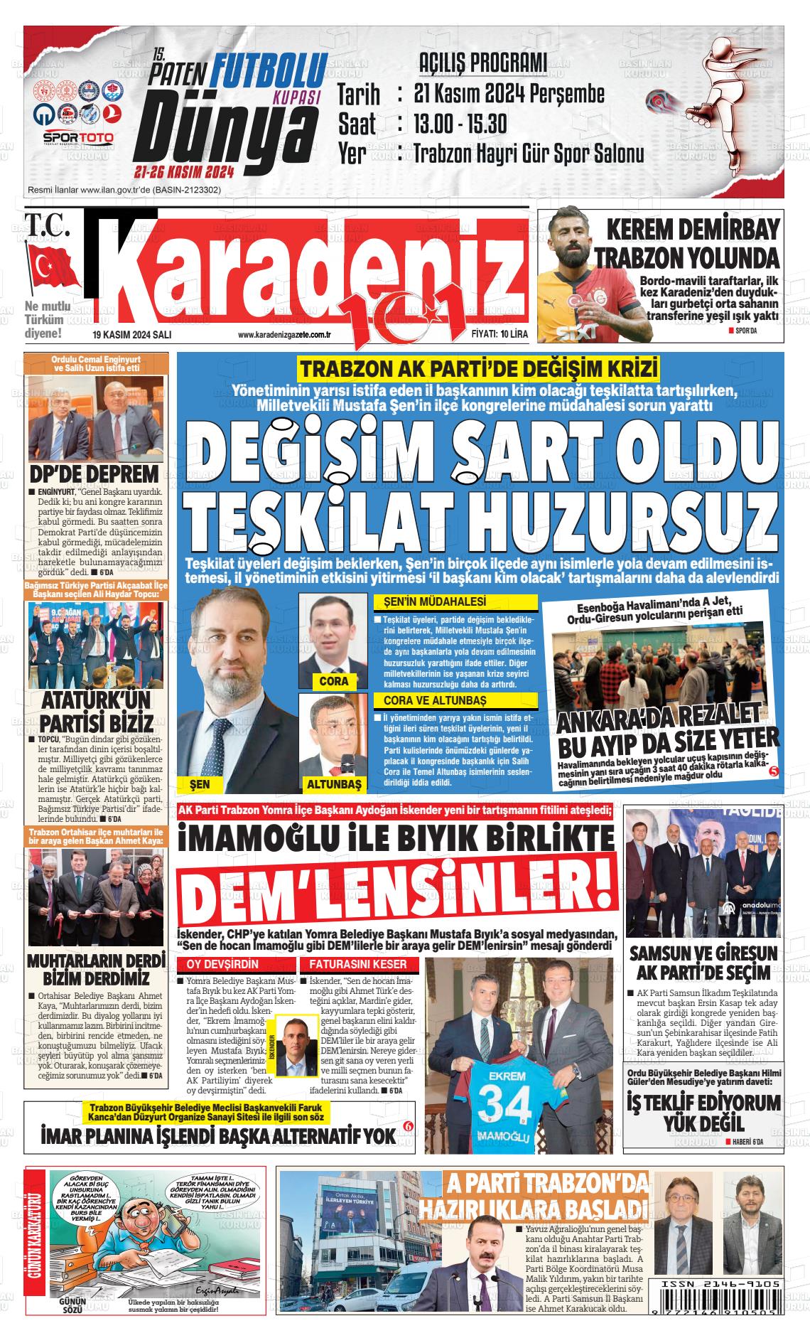 19 Kasım 2024 Karadeniz Gazete Manşeti