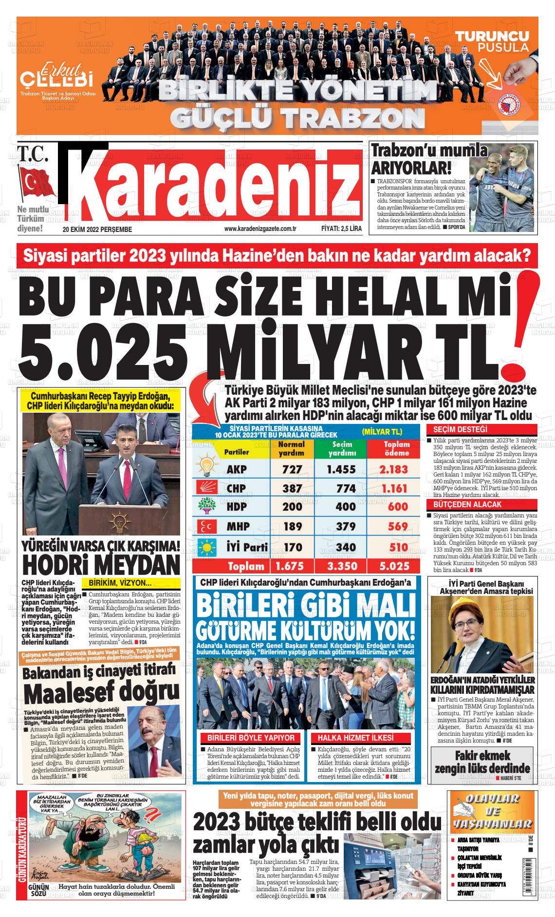 20 Ekim 2022 Karadeniz Gazete Manşeti