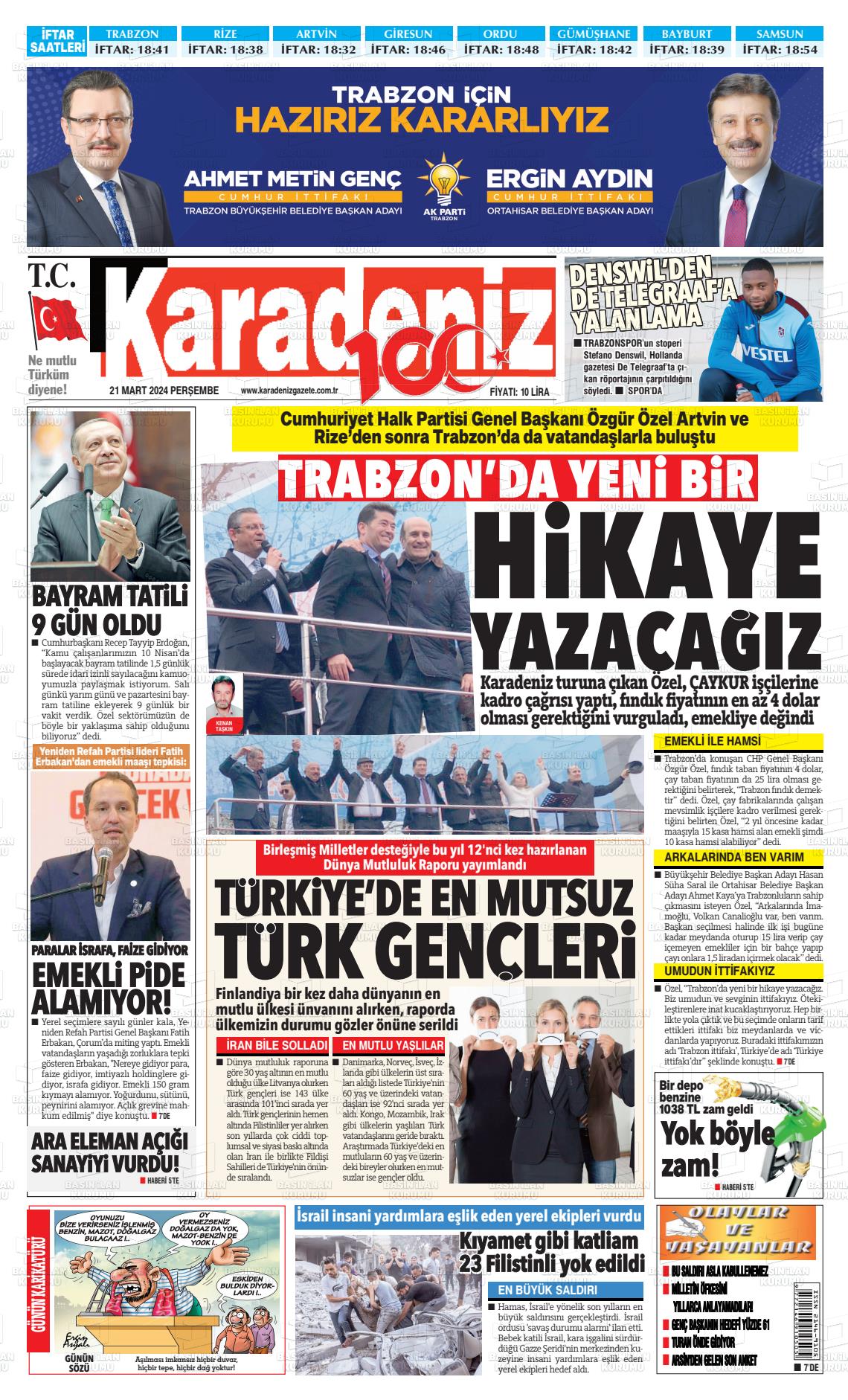 21 Mart 2024 Karadeniz Gazete Manşeti