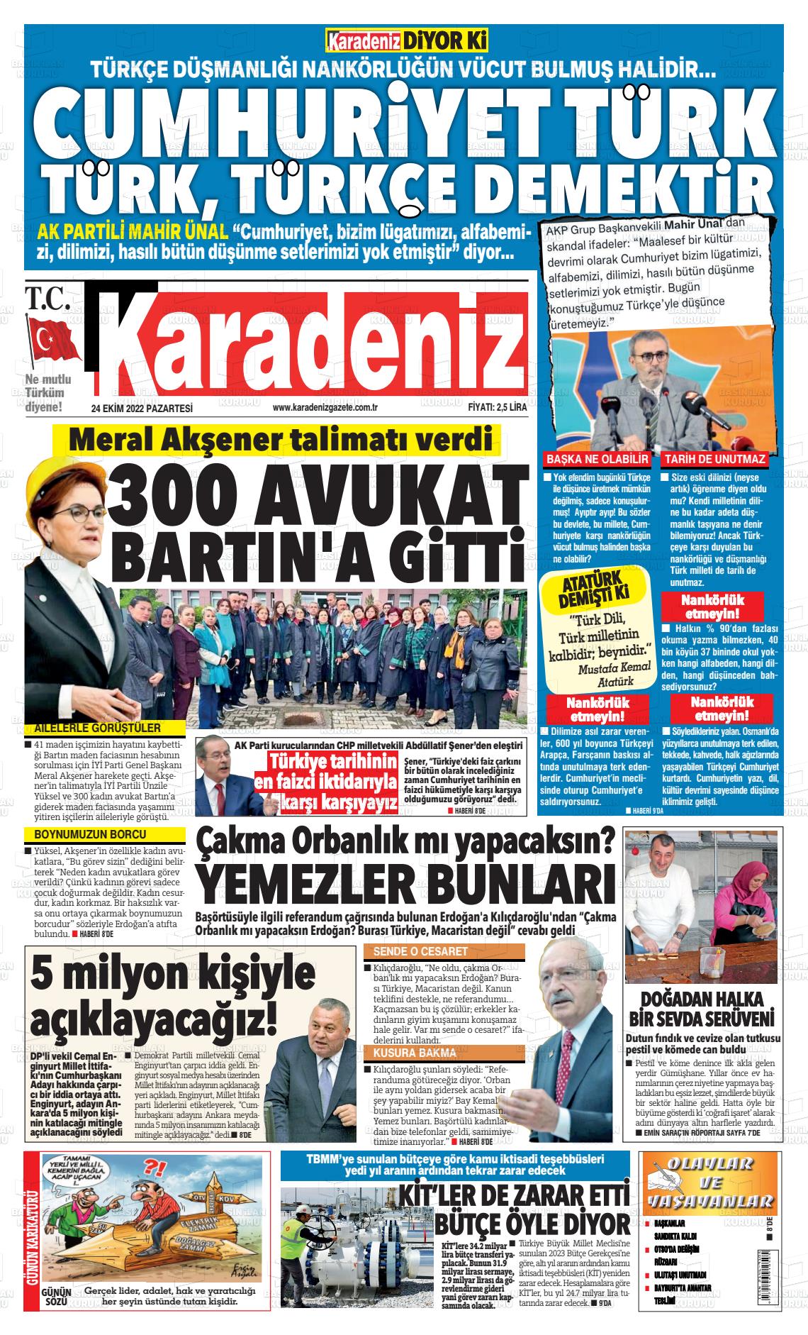 24 Ekim 2022 Karadeniz Gazete Manşeti