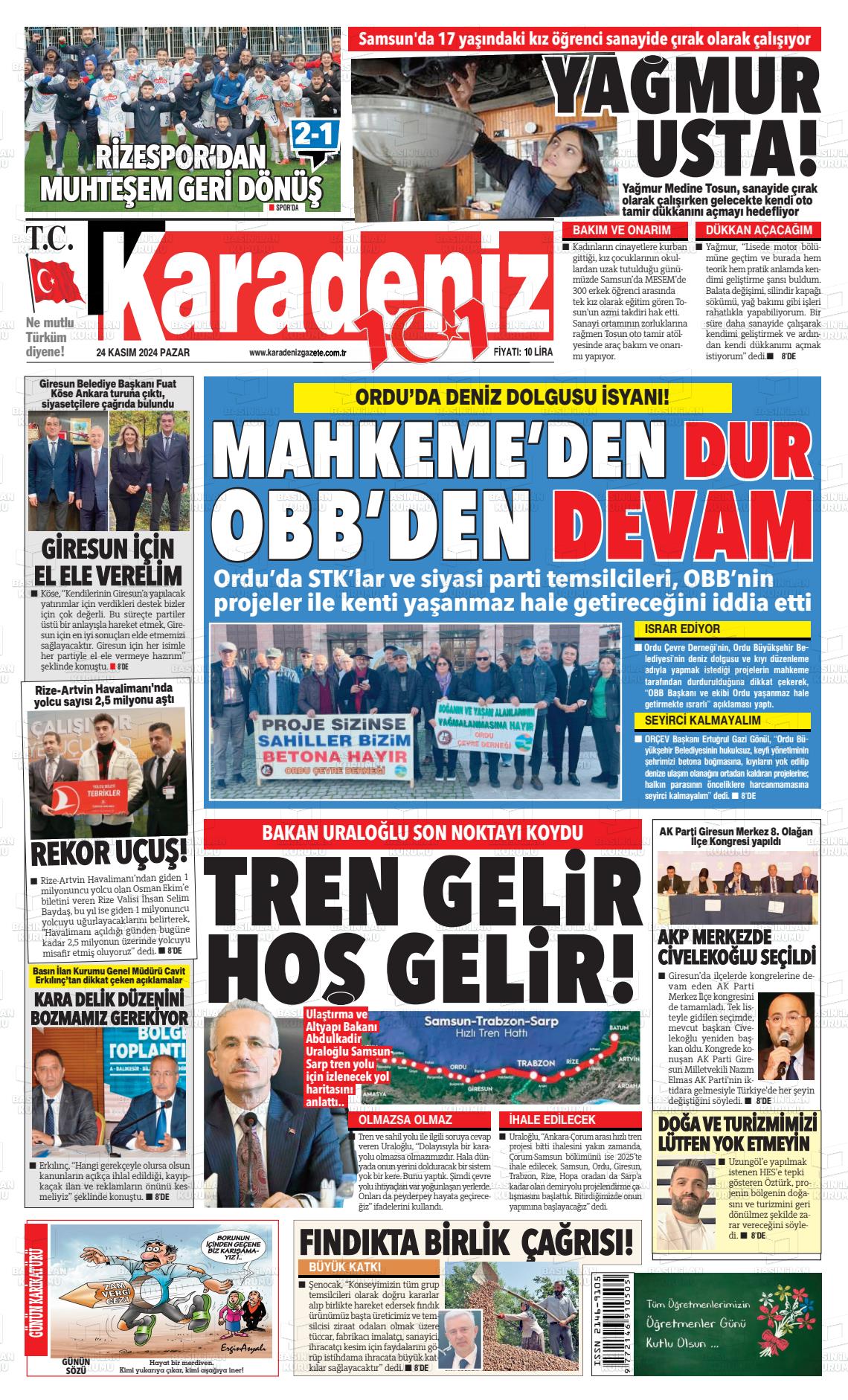 24 Kasım 2024 Karadeniz Gazete Manşeti