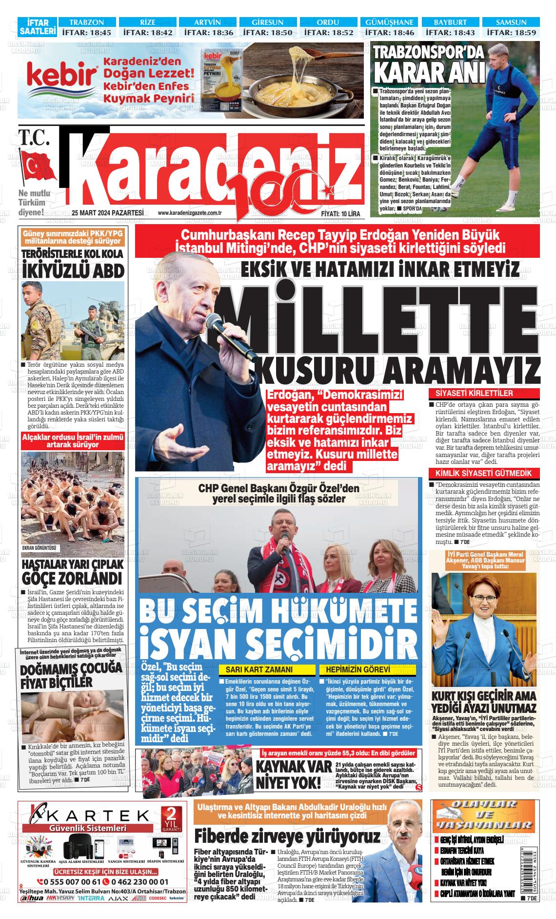 25 Mart 2024 Karadeniz Gazete Manşeti