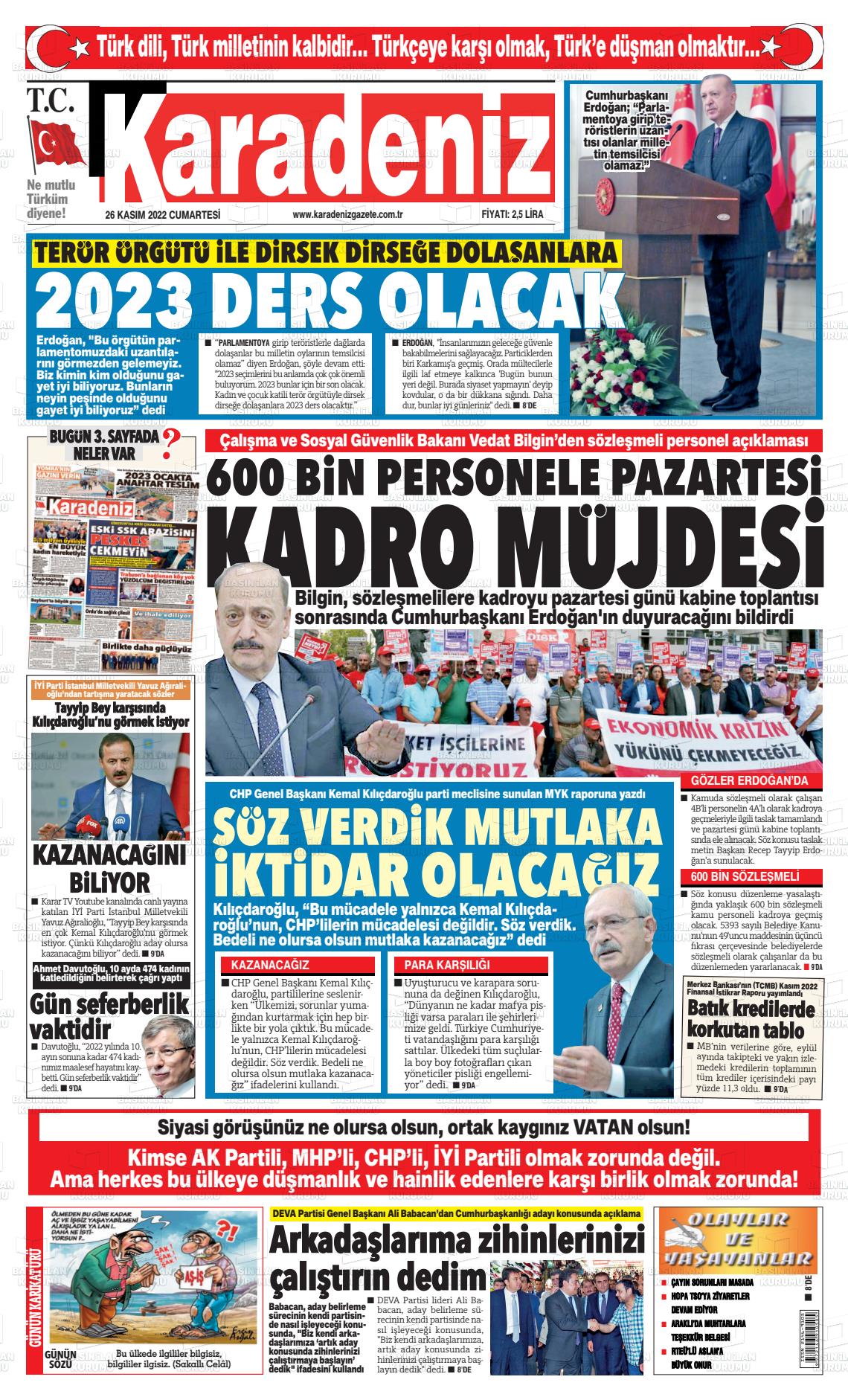 26 Kasım 2022 Karadeniz Gazete Manşeti