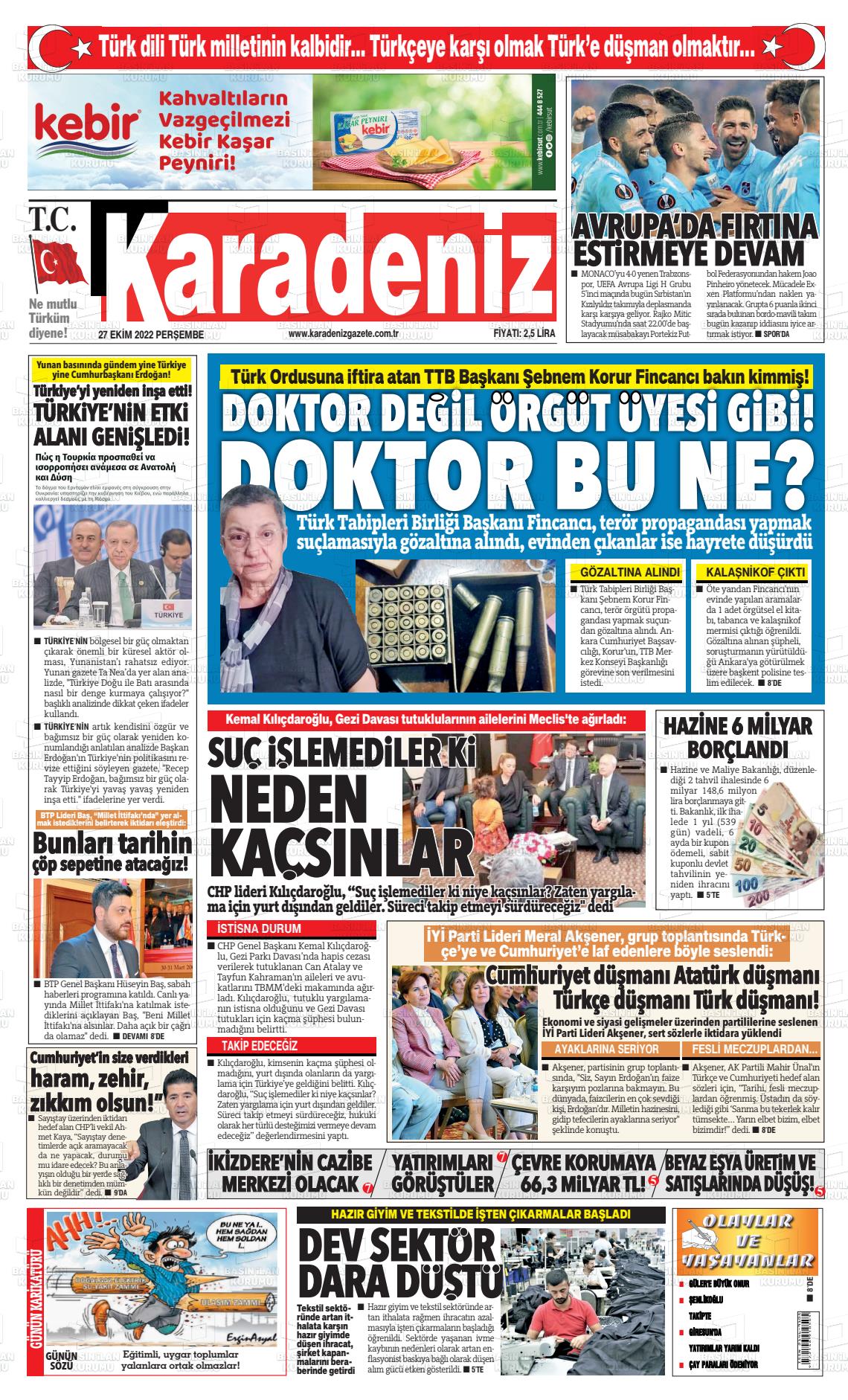 27 Ekim 2022 Karadeniz Gazete Manşeti