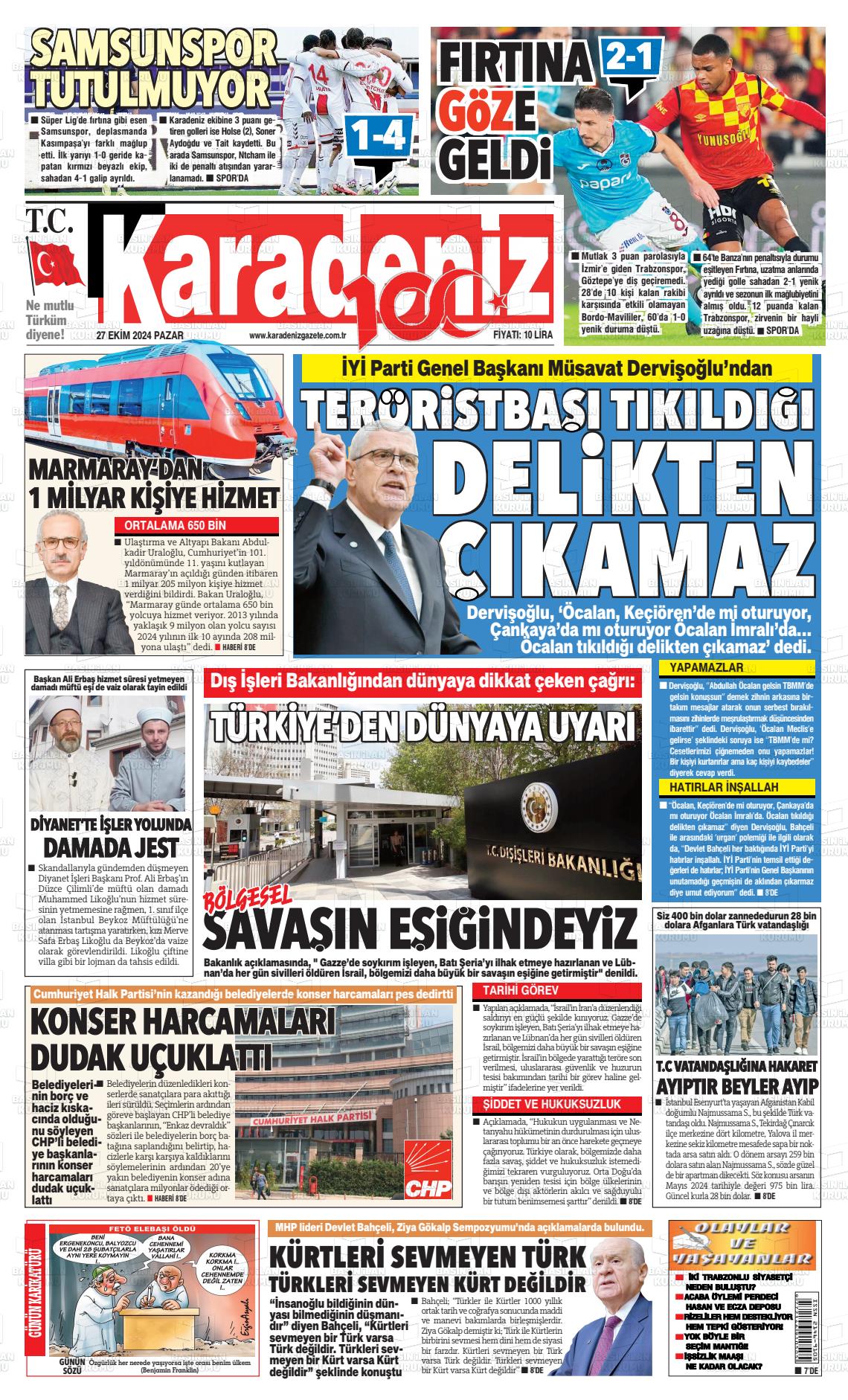 27 Ekim 2024 Karadeniz Gazete Manşeti