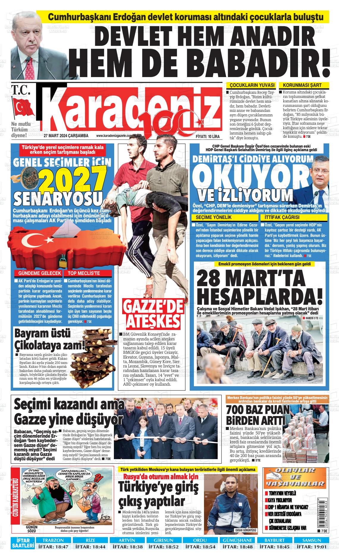 27 Mart 2024 Karadeniz Gazete Manşeti