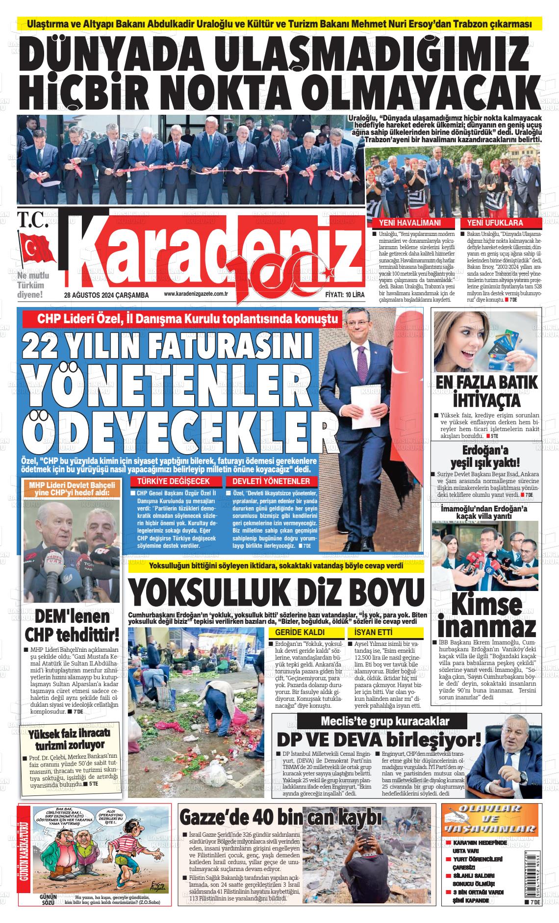 28 Ağustos 2024 Karadeniz Gazete Manşeti