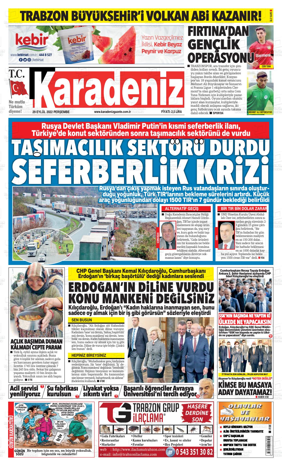 29 Eylül 2022 Karadeniz Gazete Manşeti