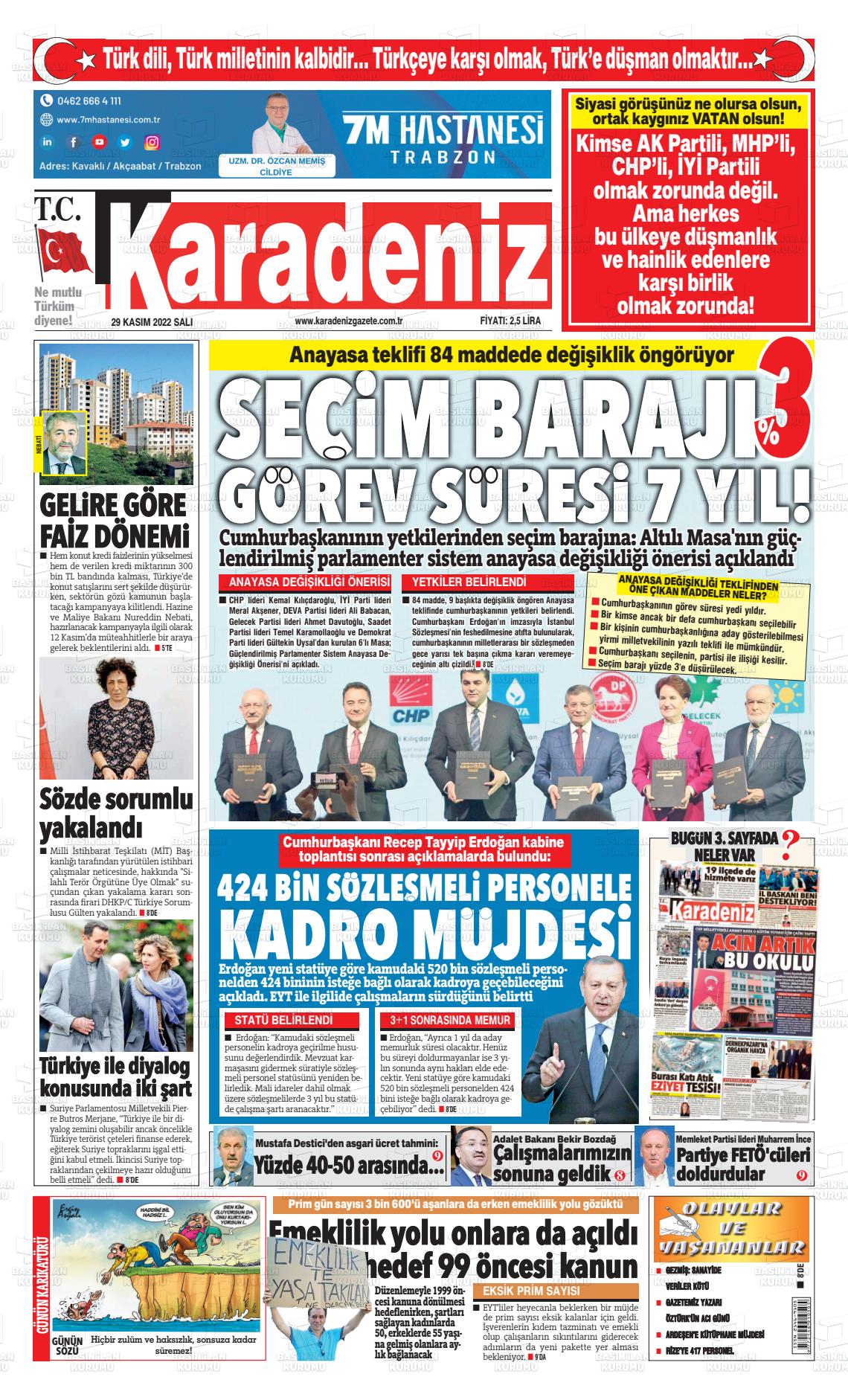 29 Kasım 2022 Karadeniz Gazete Manşeti