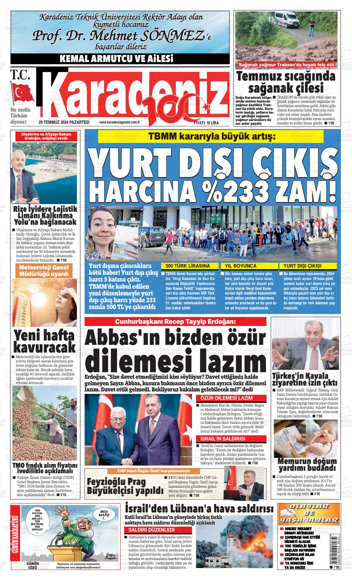 29 Temmuz 2024 Karadeniz Gazete Manşeti