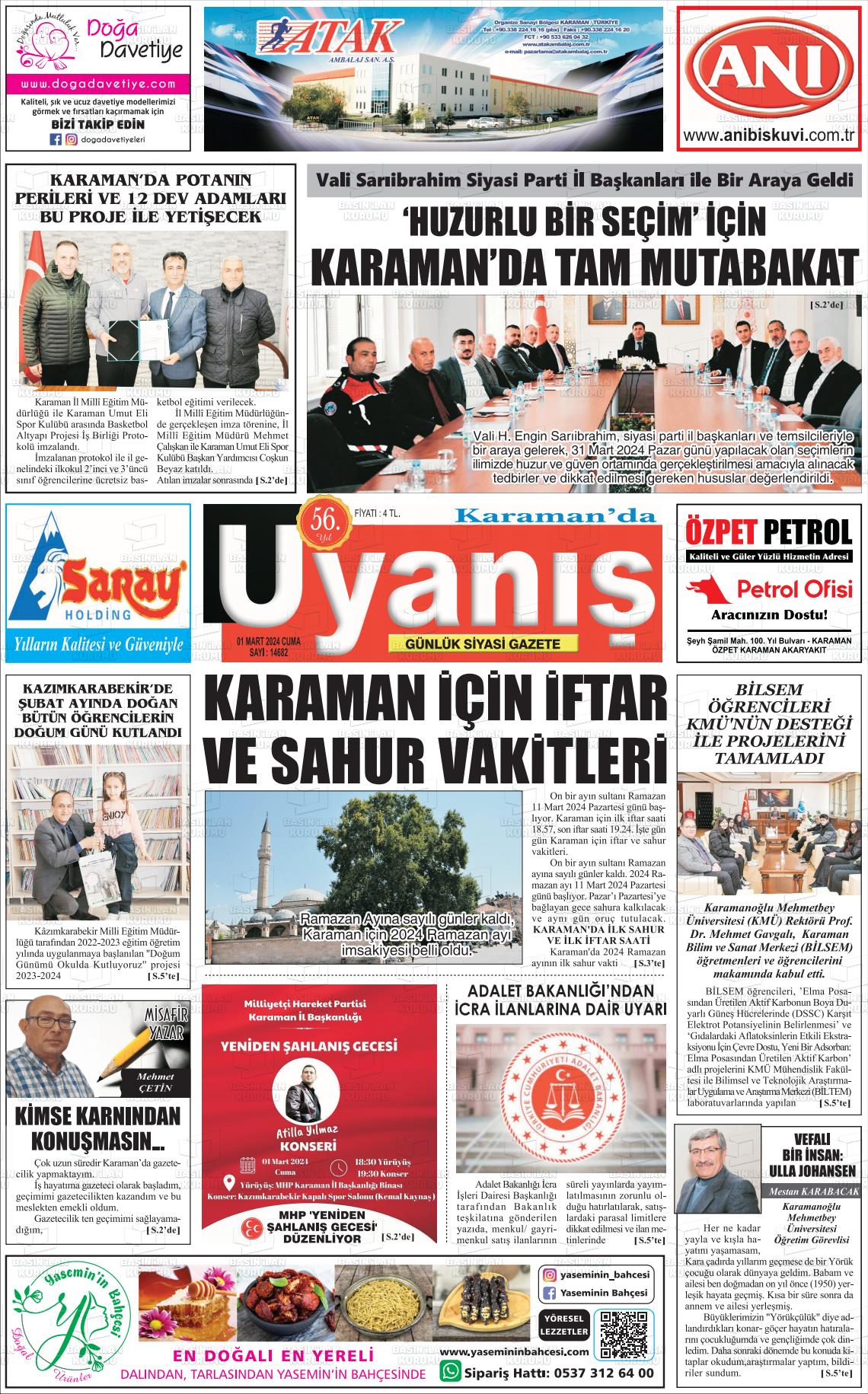 01 Mart 2024 Karamanda Uyanış Gazete Manşeti