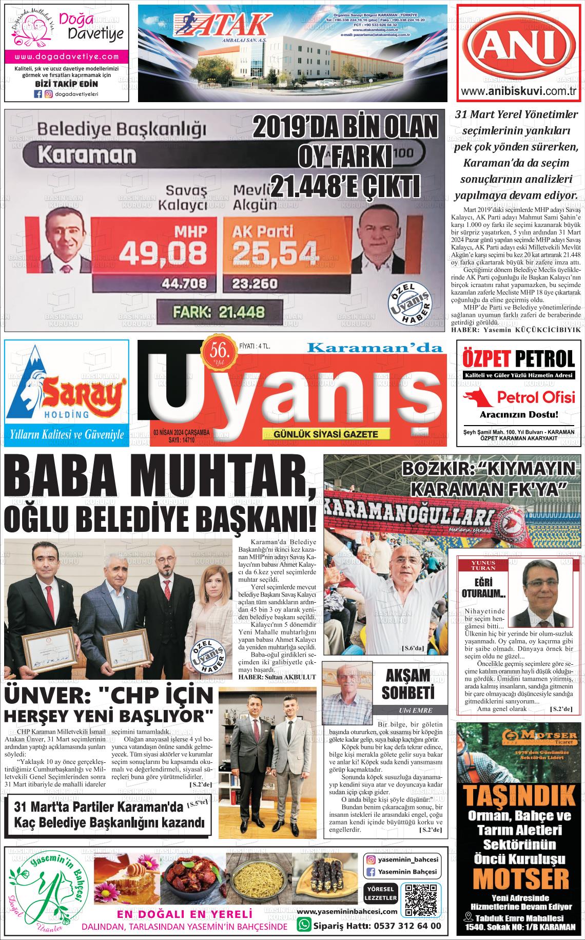 03 Nisan 2024 Karamanda Uyanış Gazete Manşeti