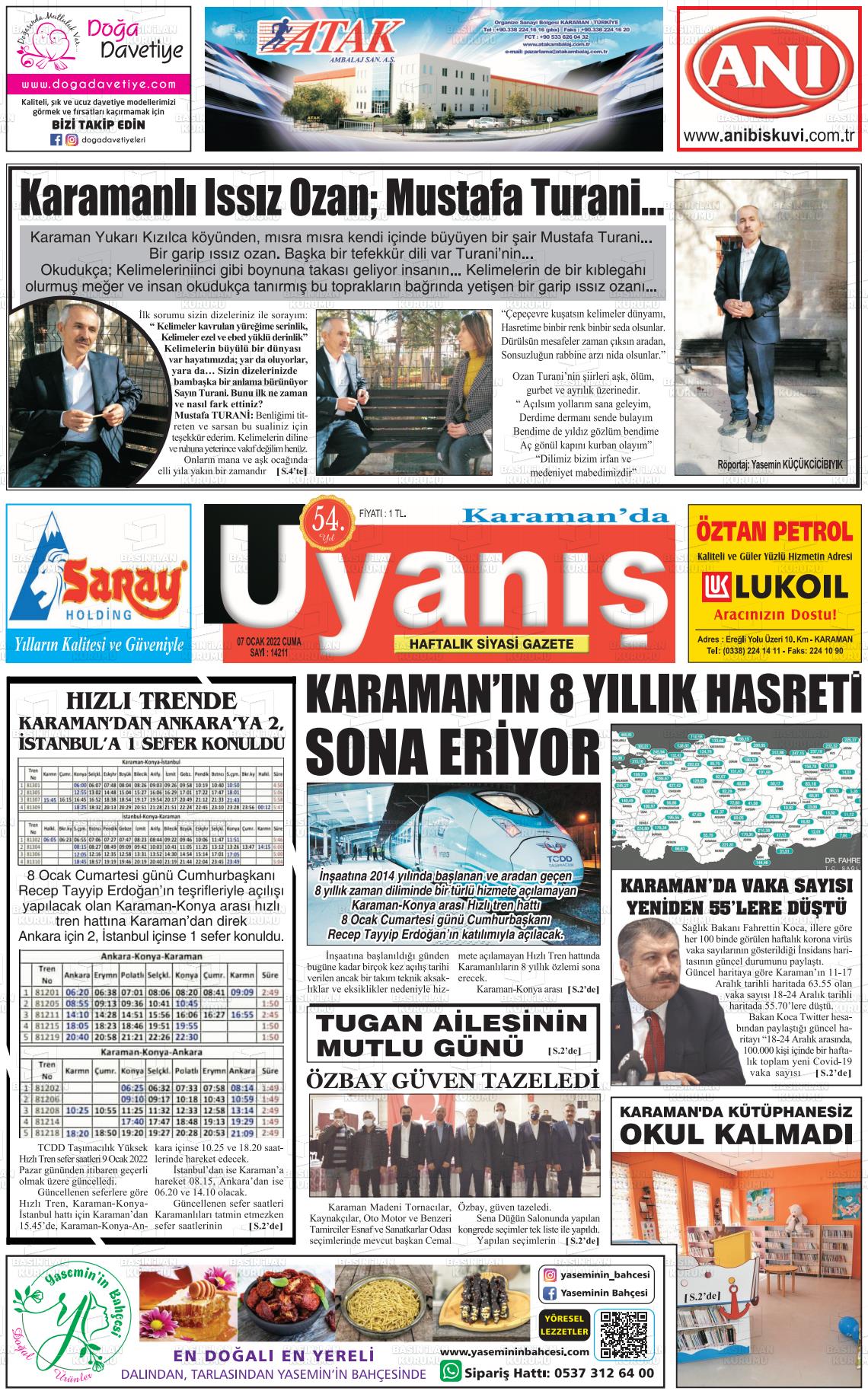 07 Ocak 2022 Karamanda Uyanış Gazete Manşeti