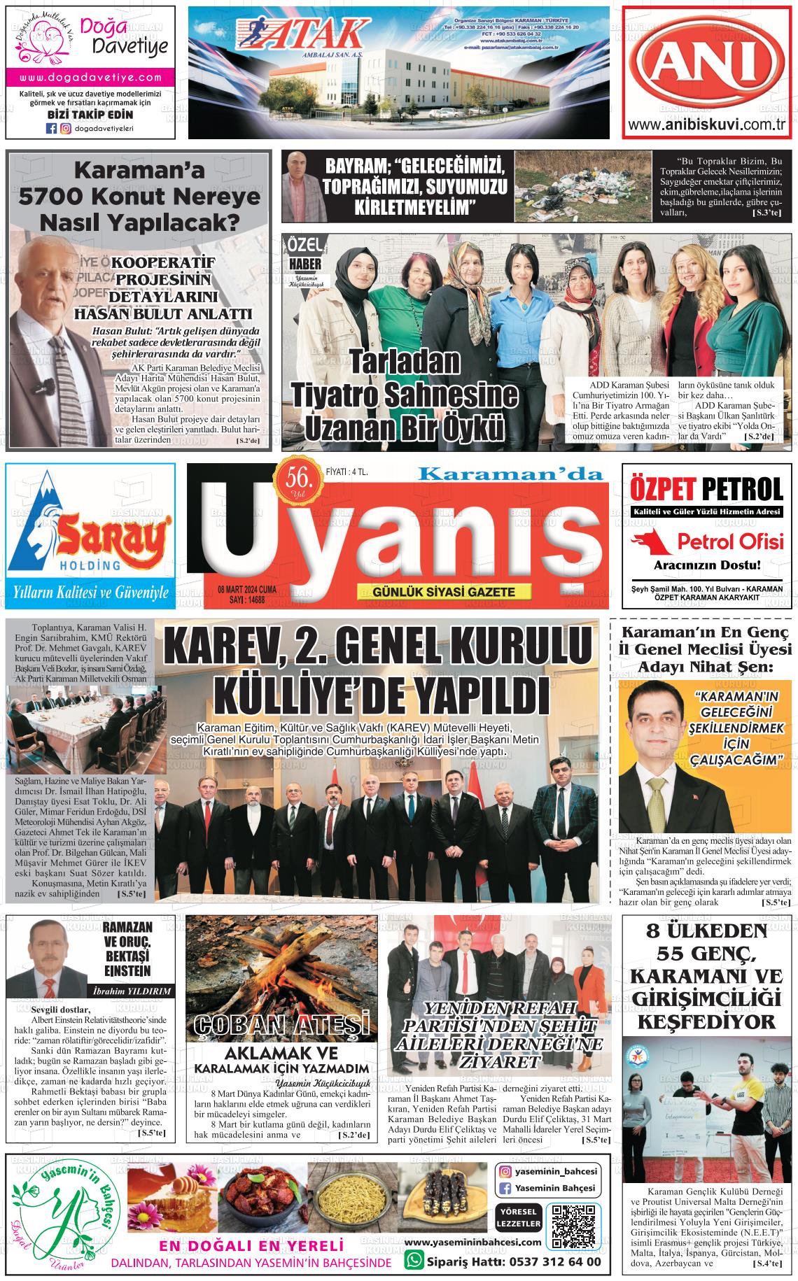 08 Mart 2024 Karamanda Uyanış Gazete Manşeti