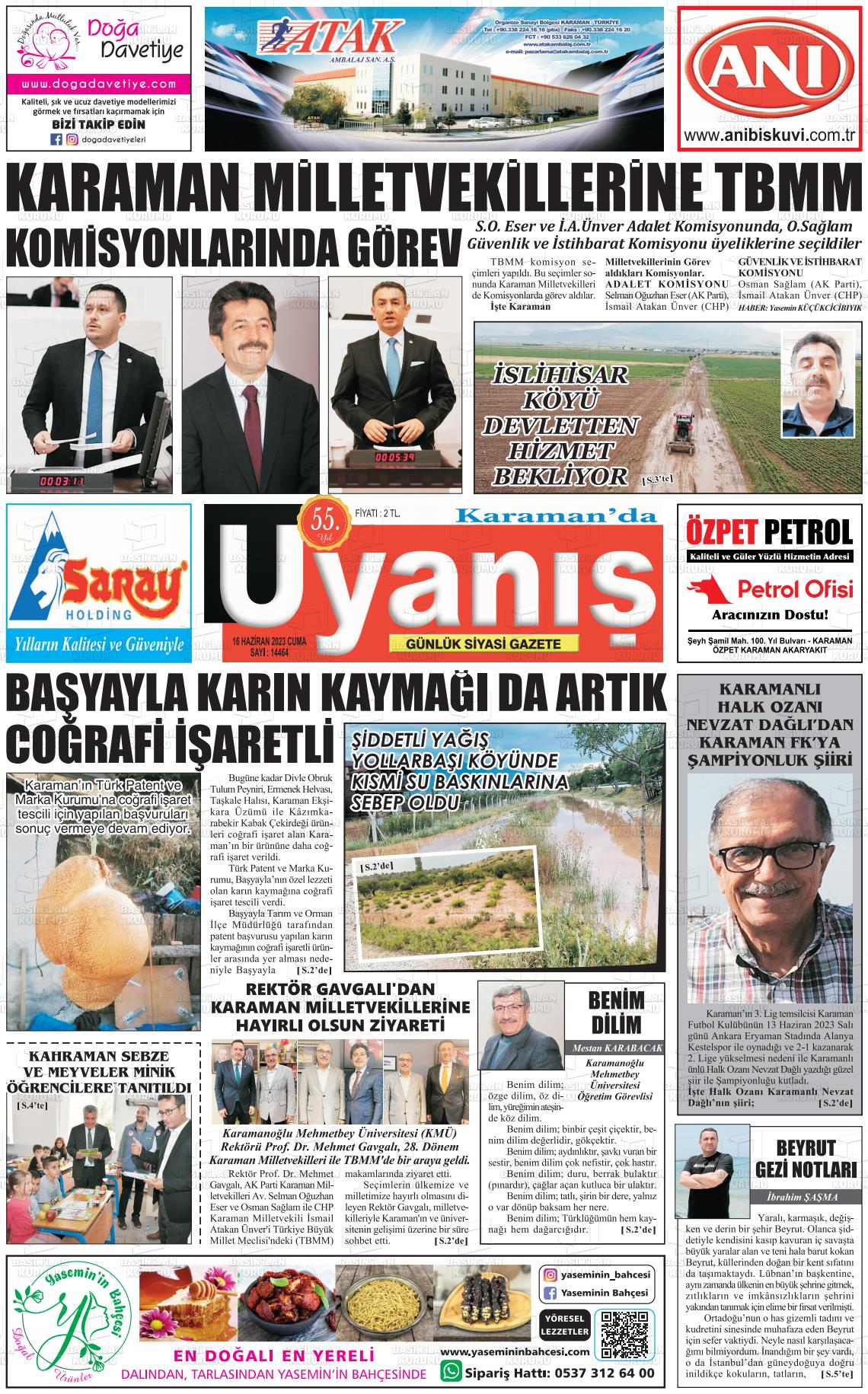 16 Haziran 2023 Karamanda Uyanış Gazete Manşeti