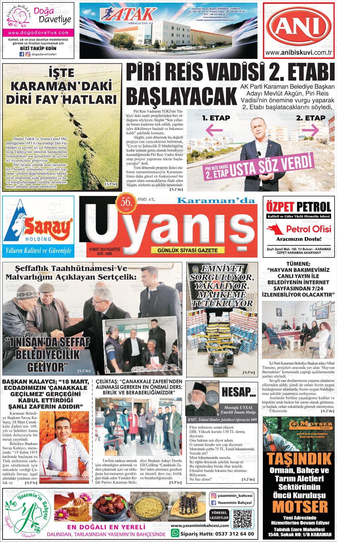 18 Mart 2024 Karamanda Uyanış Gazete Manşeti