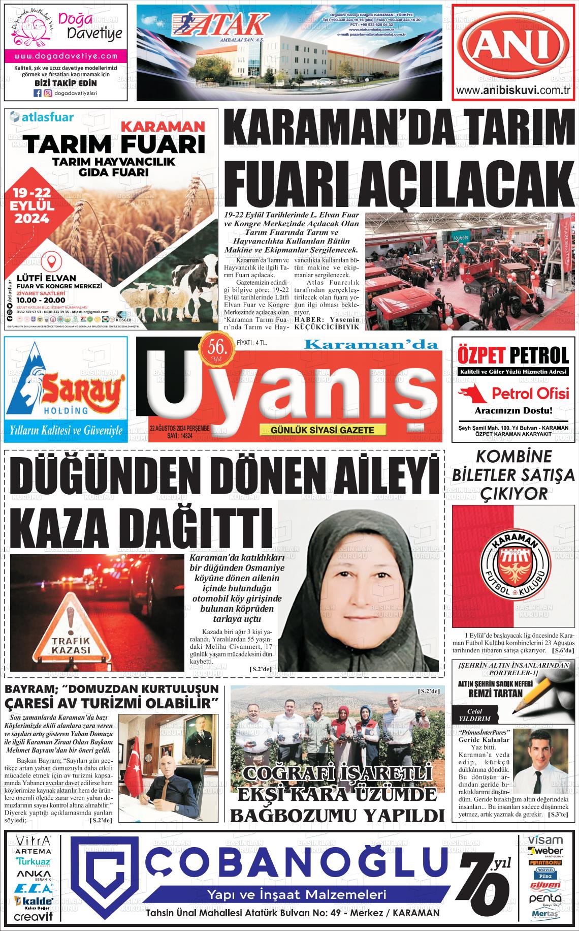 22 Ağustos 2024 Karamanda Uyanış Gazete Manşeti