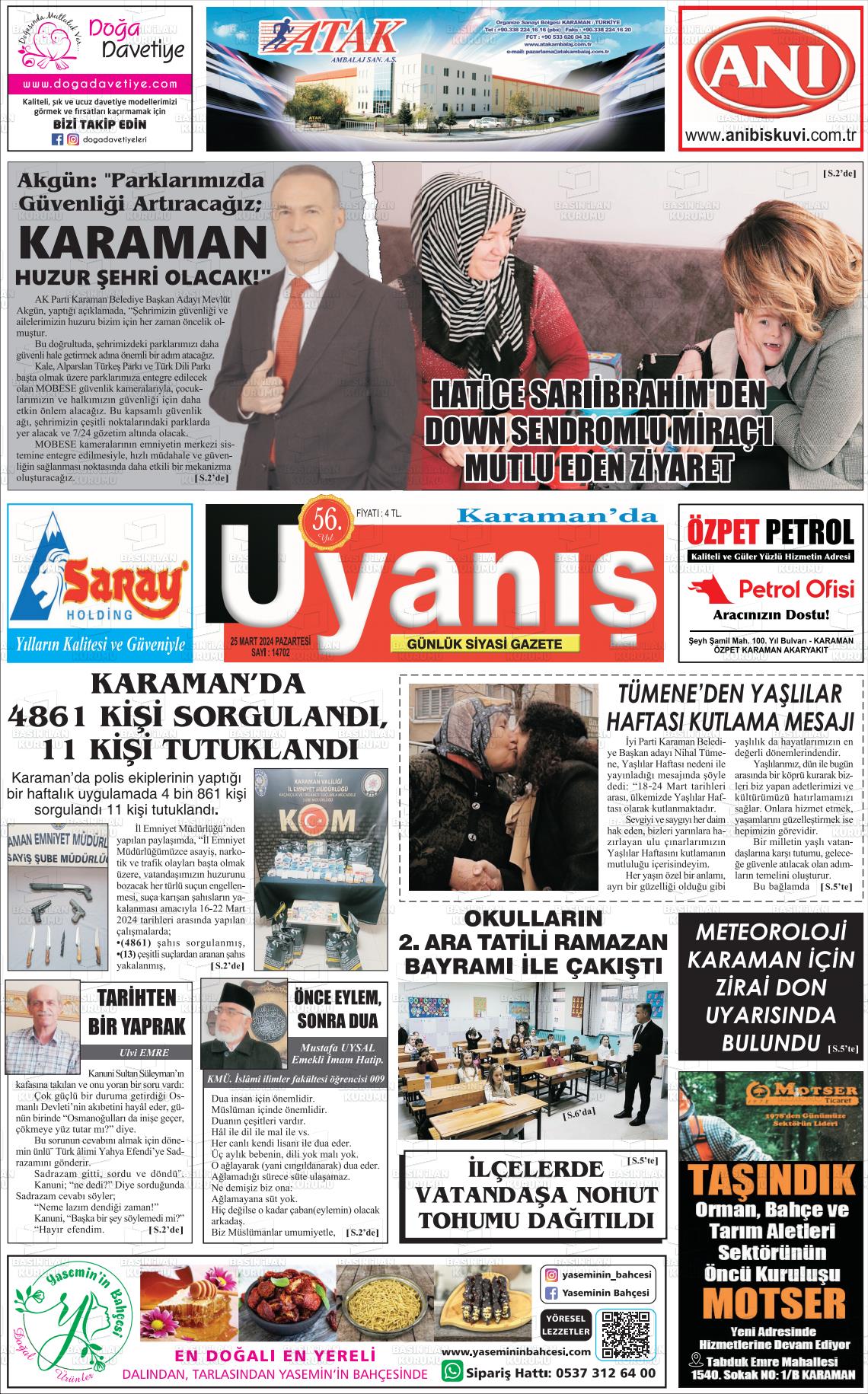 25 Mart 2024 Karamanda Uyanış Gazete Manşeti