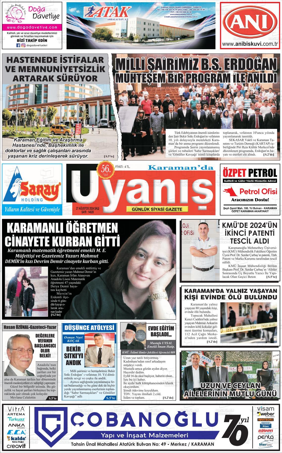 27 Ağustos 2024 Karamanda Uyanış Gazete Manşeti