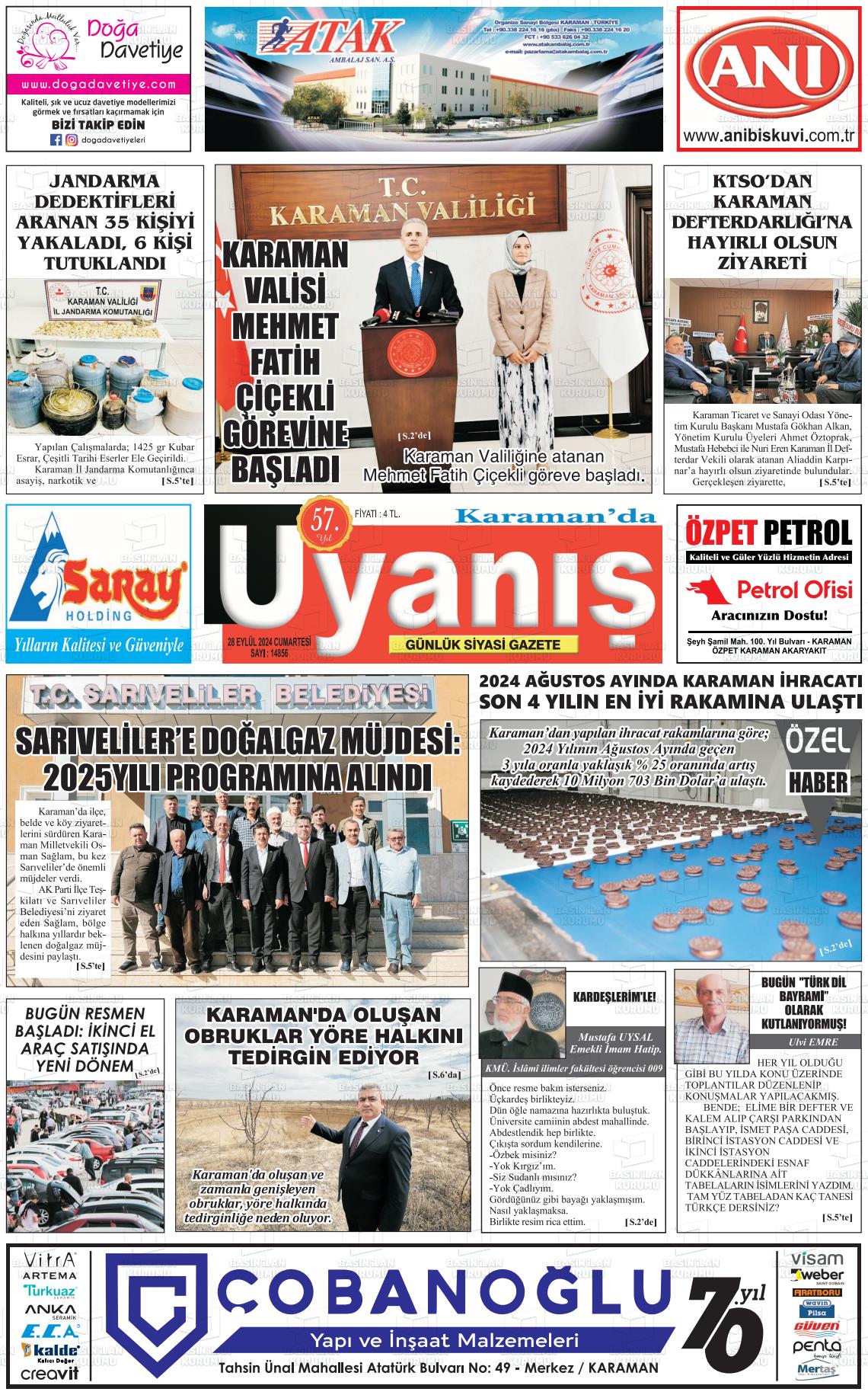 28 Eylül 2024 Karamanda Uyanış Gazete Manşeti