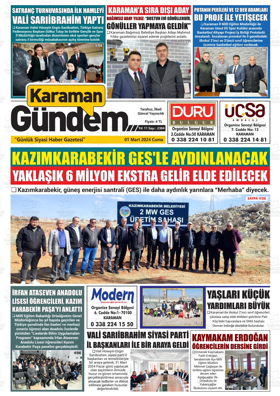 01 Mart 2024 Karaman Gündem Gazete Manşeti