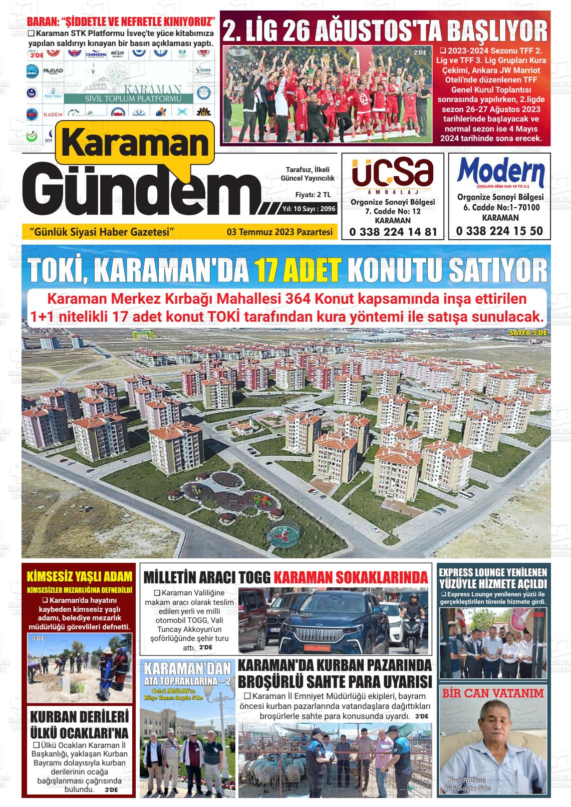 04 Temmuz 2023 Karaman Gündem Gazete Manşeti