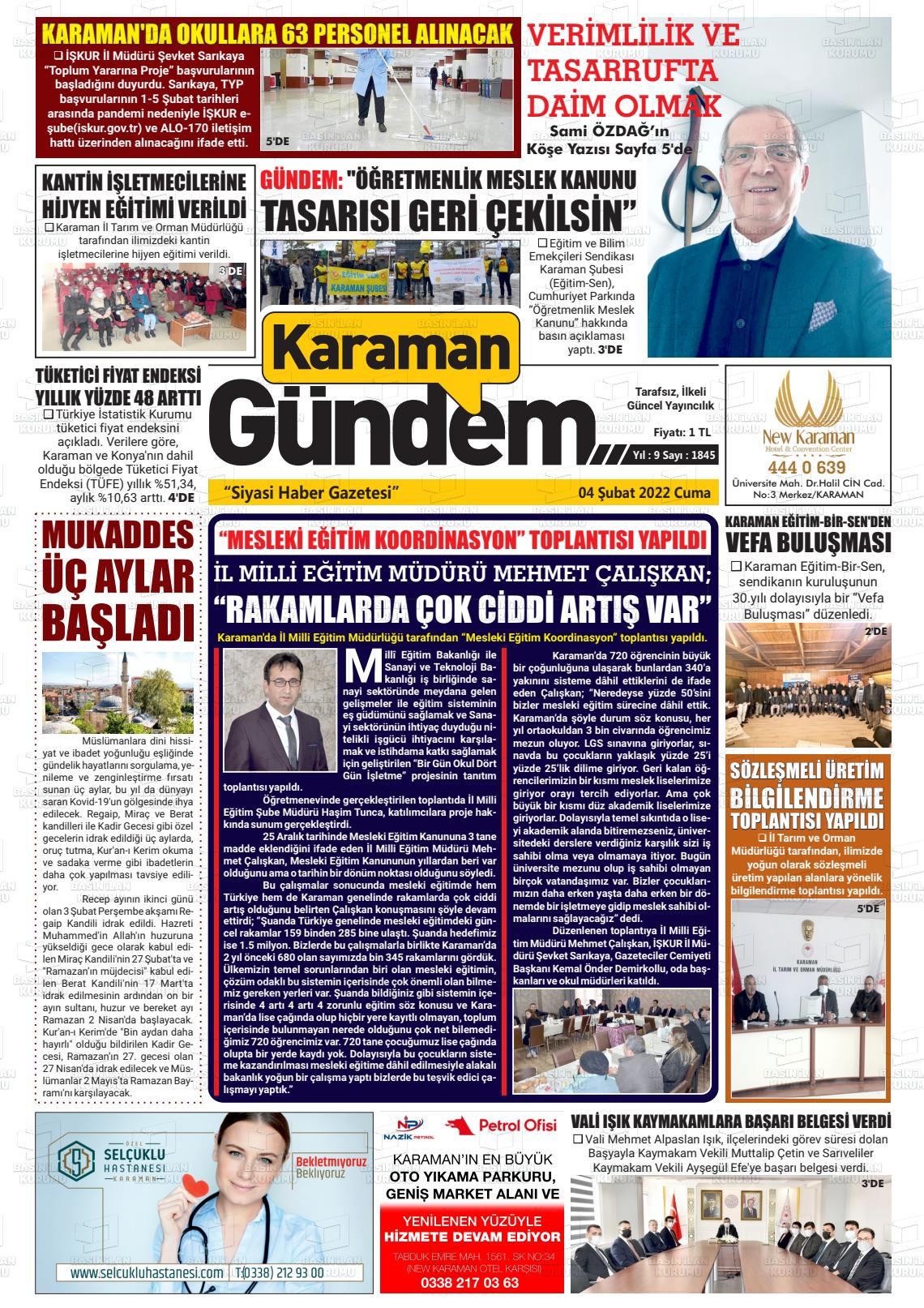 04 Şubat 2022 Karaman Gündem Gazete Manşeti