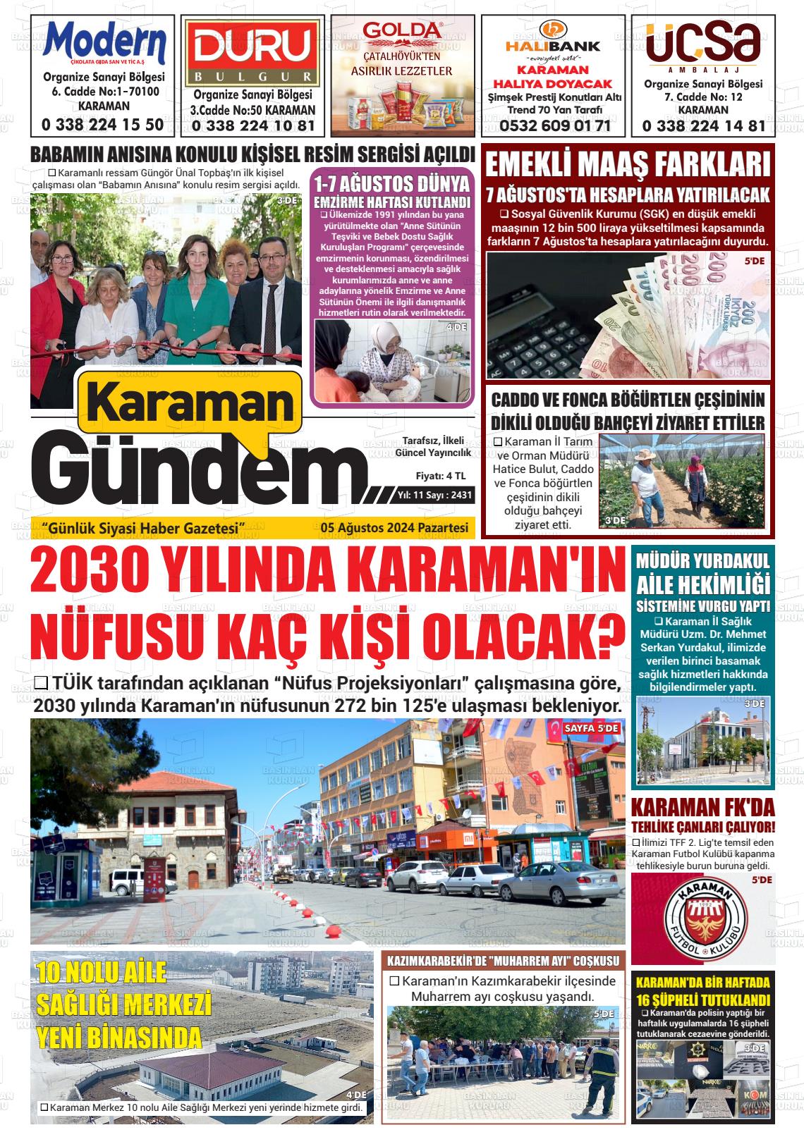 05 Ağustos 2024 Karaman Gündem Gazete Manşeti