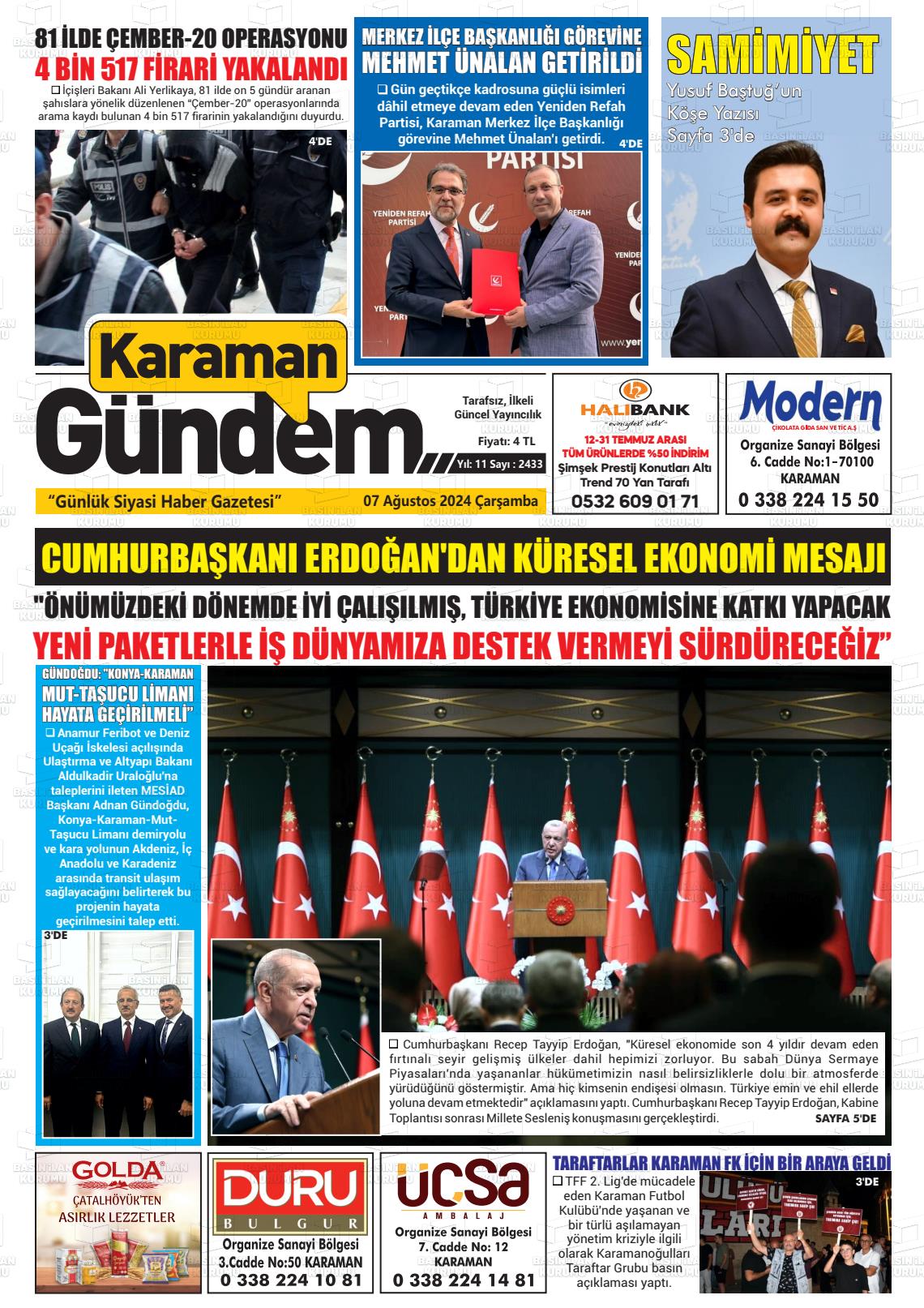 07 Ağustos 2024 Karaman Gündem Gazete Manşeti