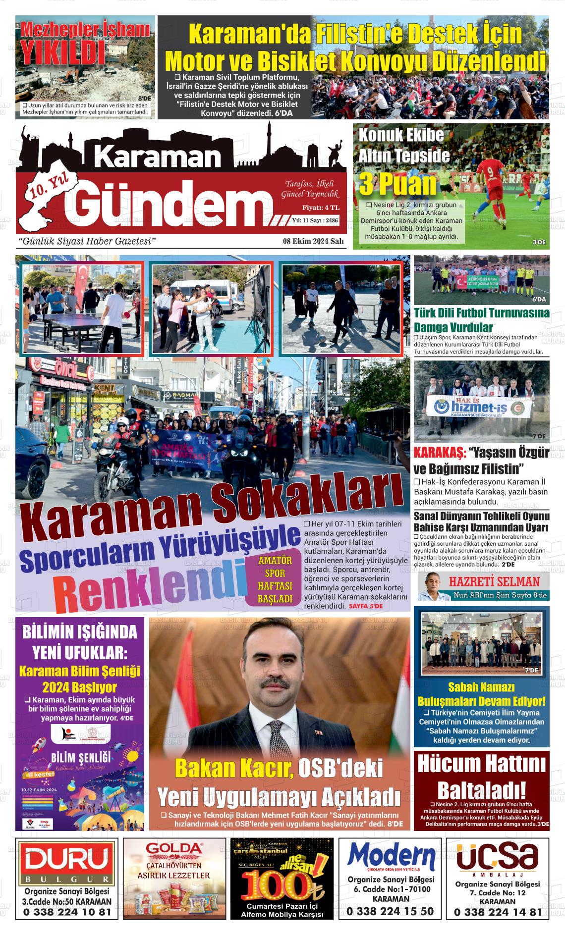 08 Ekim 2024 Karaman Gündem Gazete Manşeti