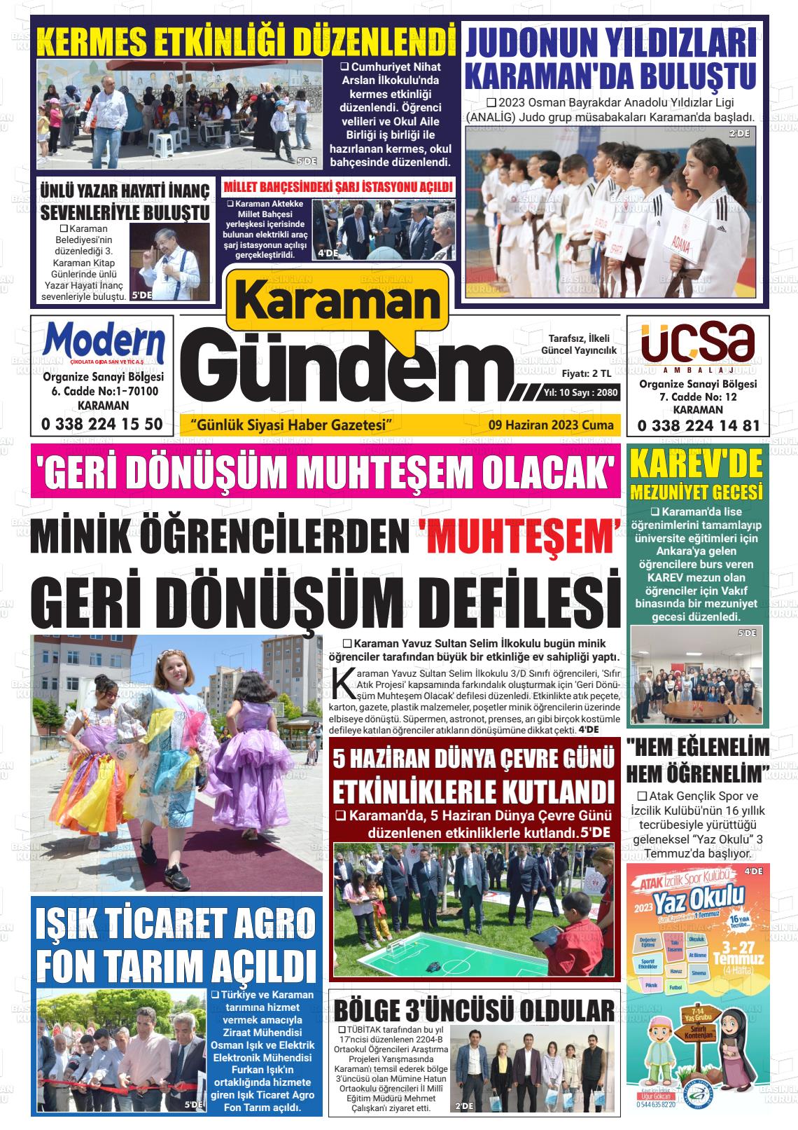 09 Haziran 2023 Karaman Gündem Gazete Manşeti