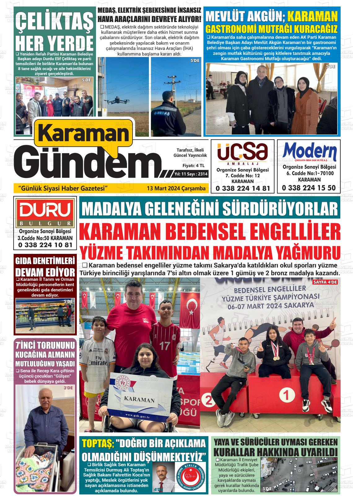 13 Mart 2024 Karaman Gündem Gazete Manşeti